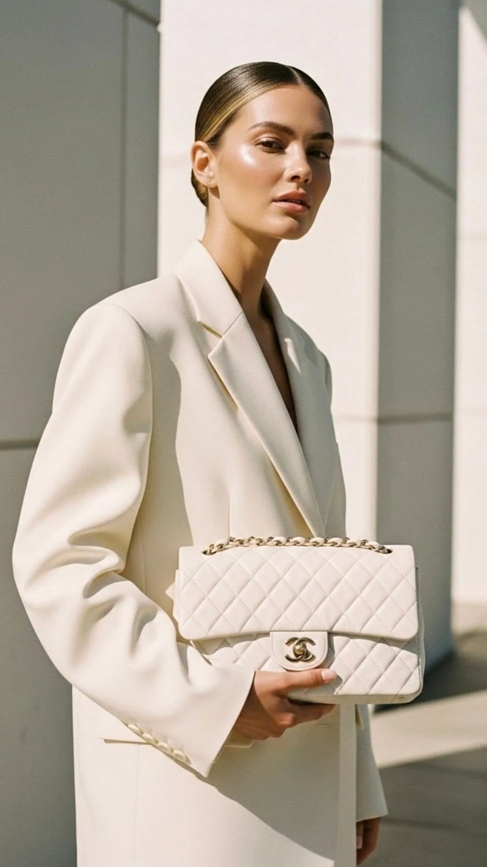 Elegant woman holding a white Chanel Classic Flap bag