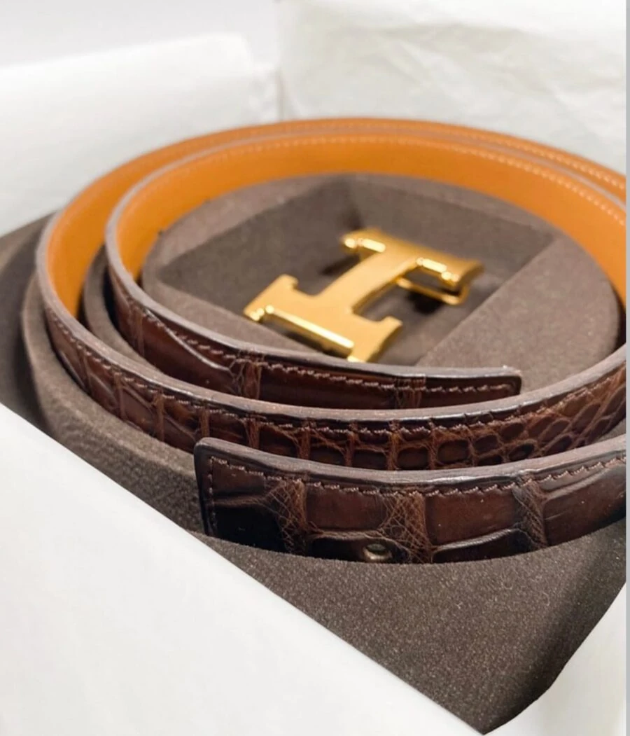 Hermès men's alligator belt in dark brown with gold H buckle presented in its original box