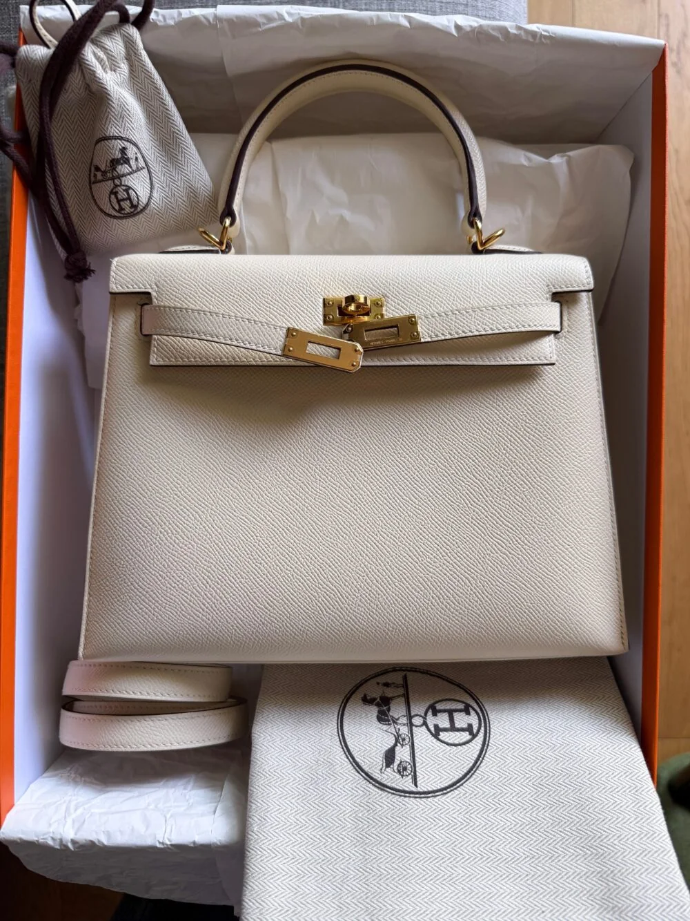 Hermes Kelly 25 Craie Epsom ghw