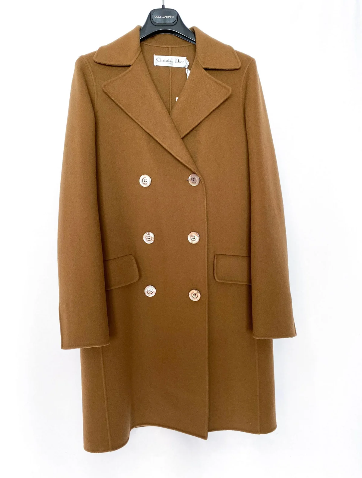 Christian Dior camel double-breasted cashmere coat front view in 100% cashmere