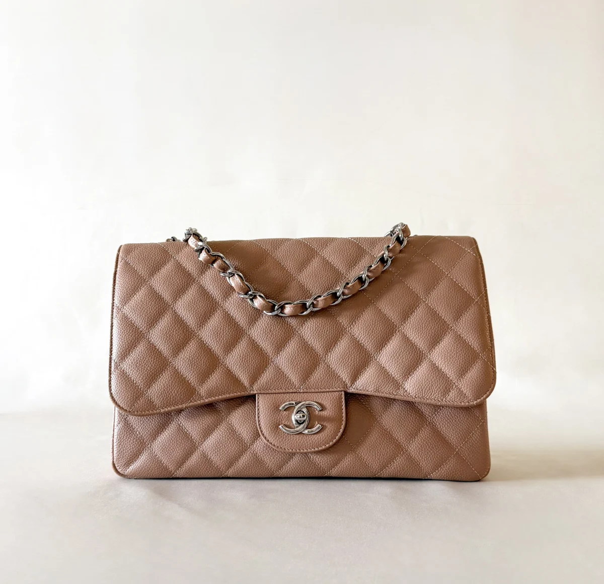 Chanel Classic Flap Jumbo single Flap Caramel Caviar Leather with palladium hardware front view