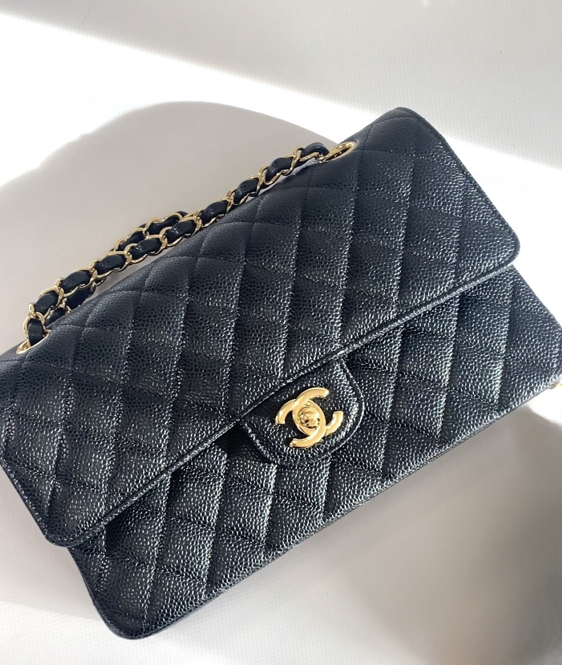 chanel classic flap black caviar gold hardware front view authentic