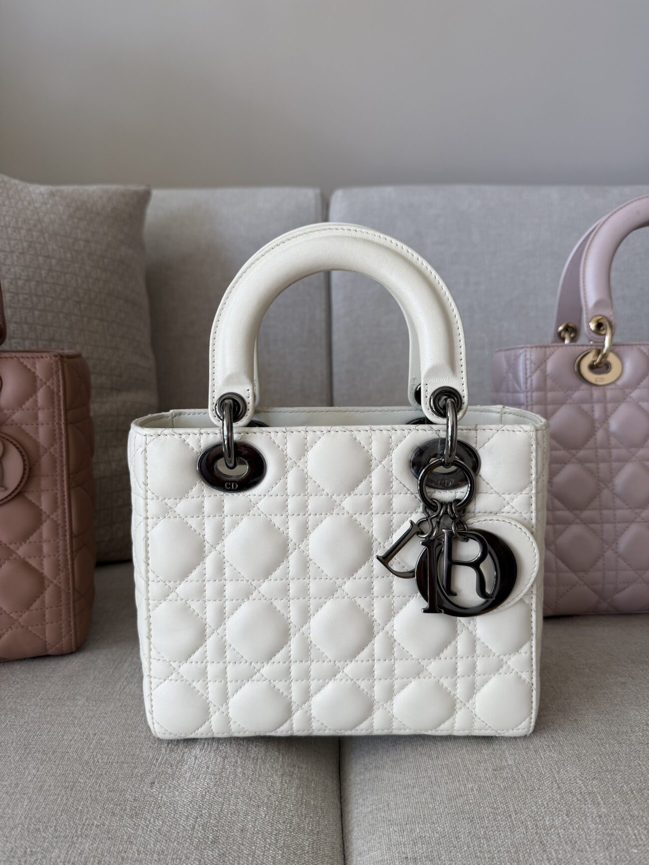 Lady Dior ABC Dior white quilted leather with ruthenium black hardware front view