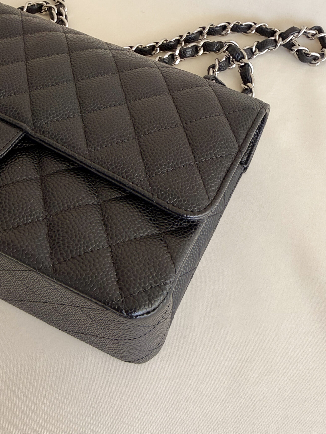 chanel classic flap black caviar leather corner view
