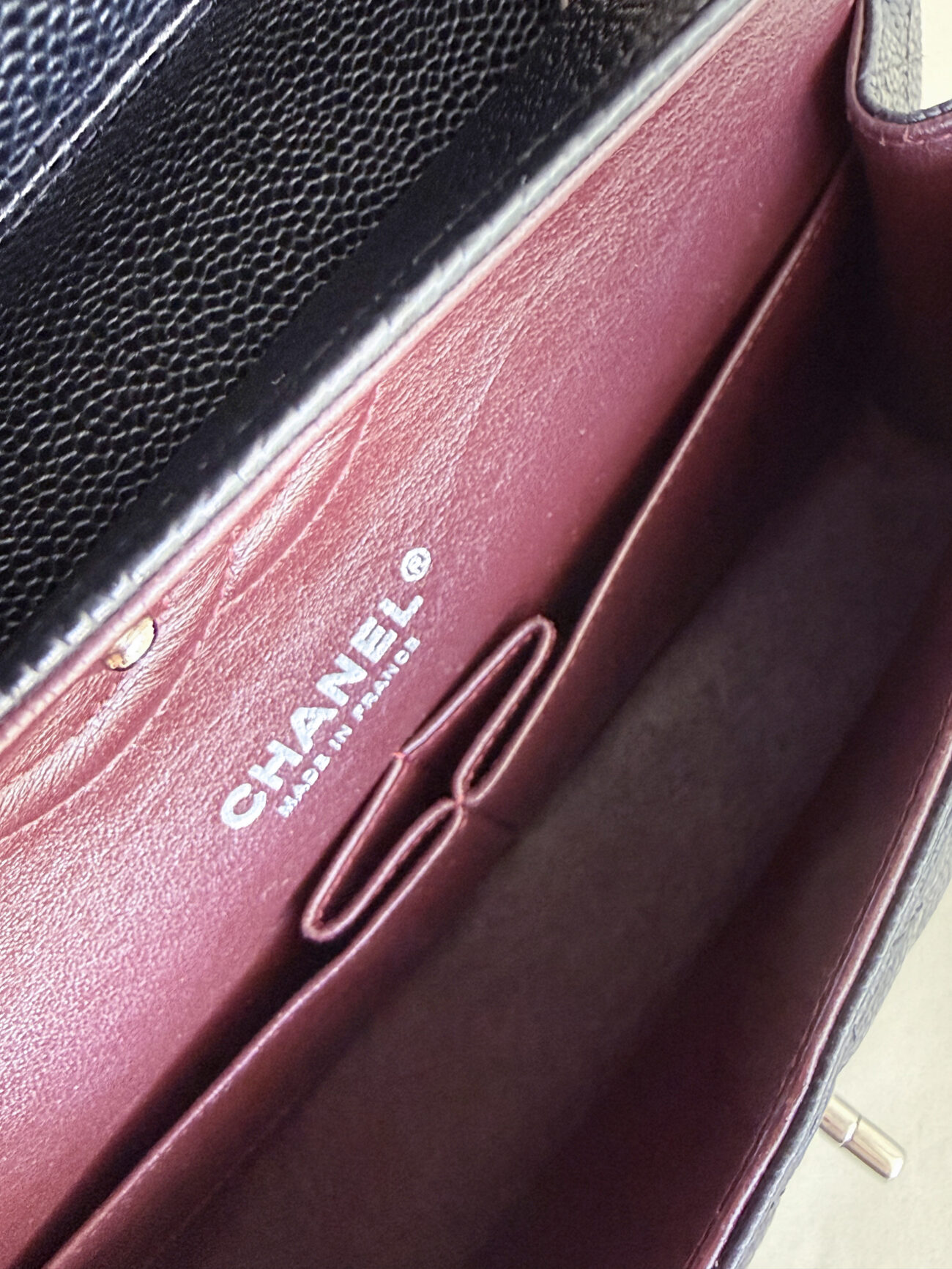 Chanel Classic Flap Medium burgundy leather interior view