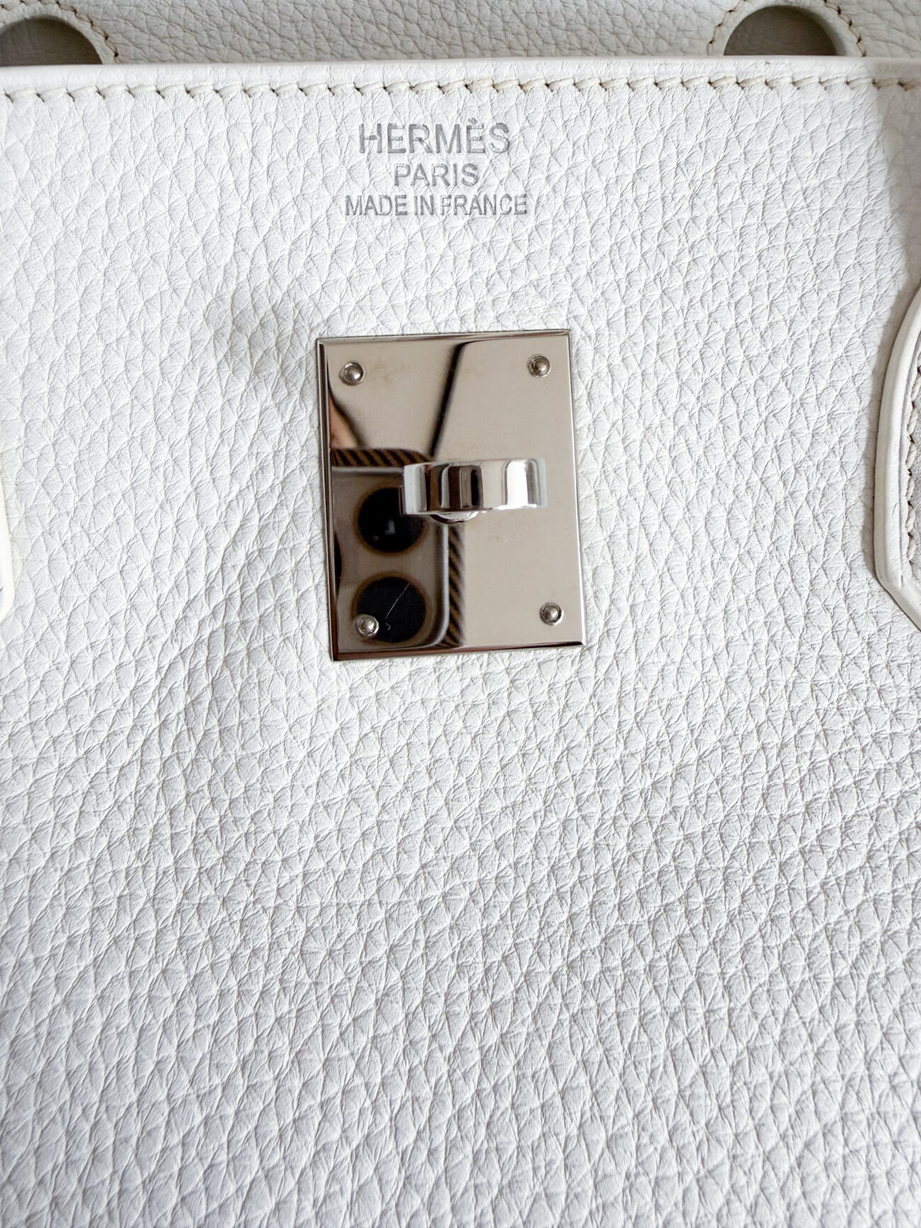 Hermès Birkin 40 cm white togo with palladium hardware and logo stamp detail