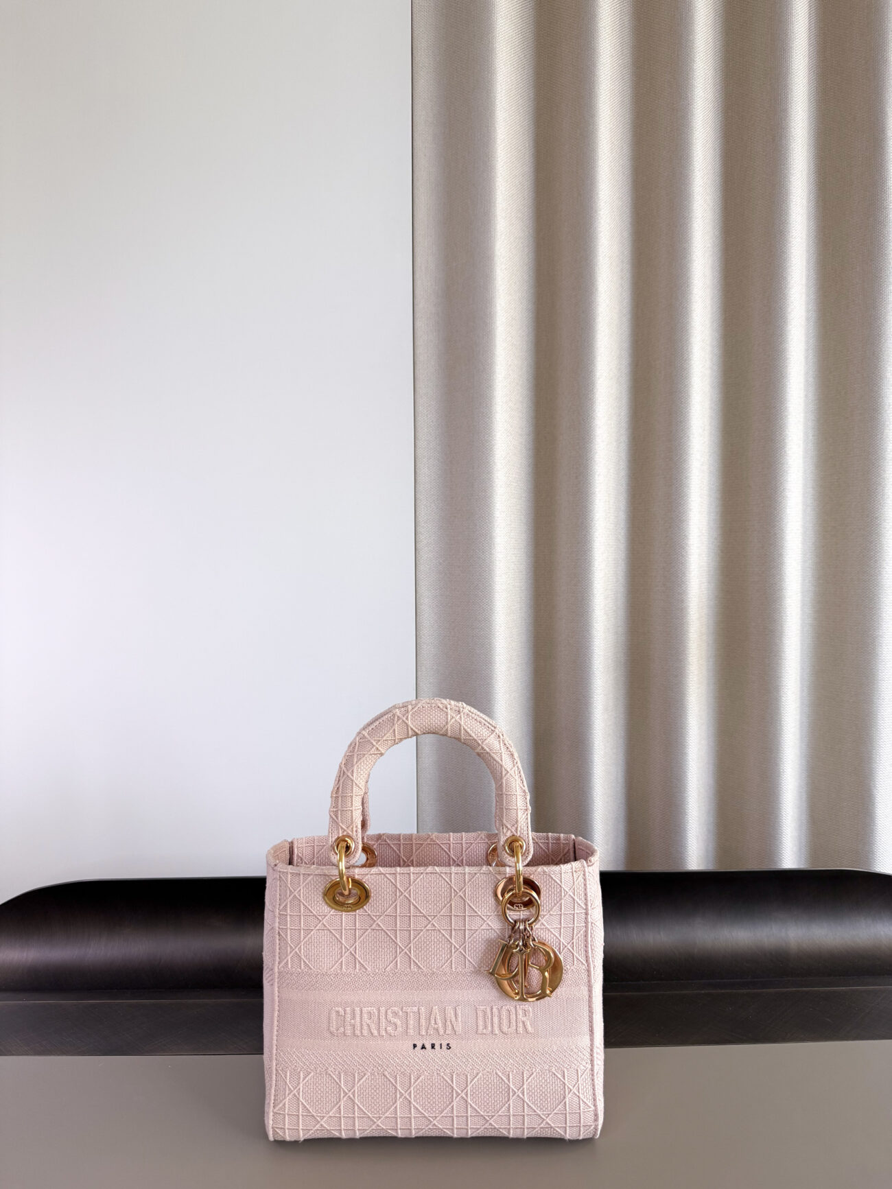 Lady Dior D-Light Small Pink embroided canvas bag rose gold hardware full view