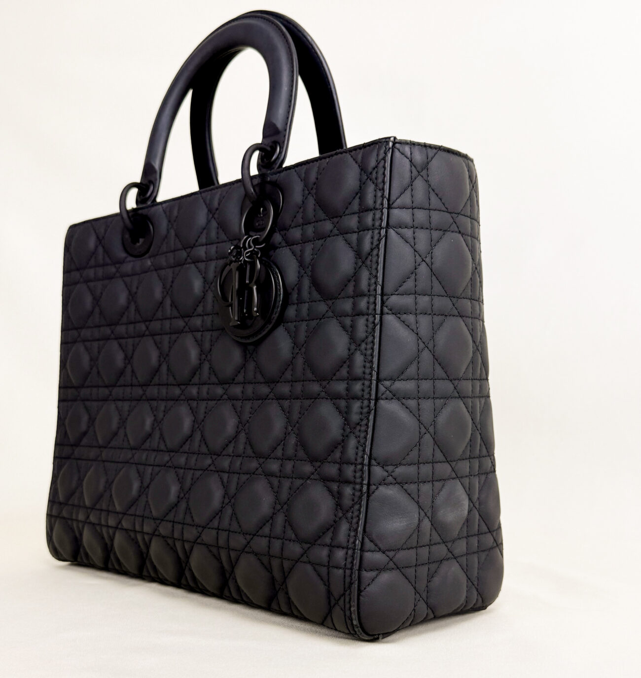 Lady Dior large ultra matte black bag angled front view