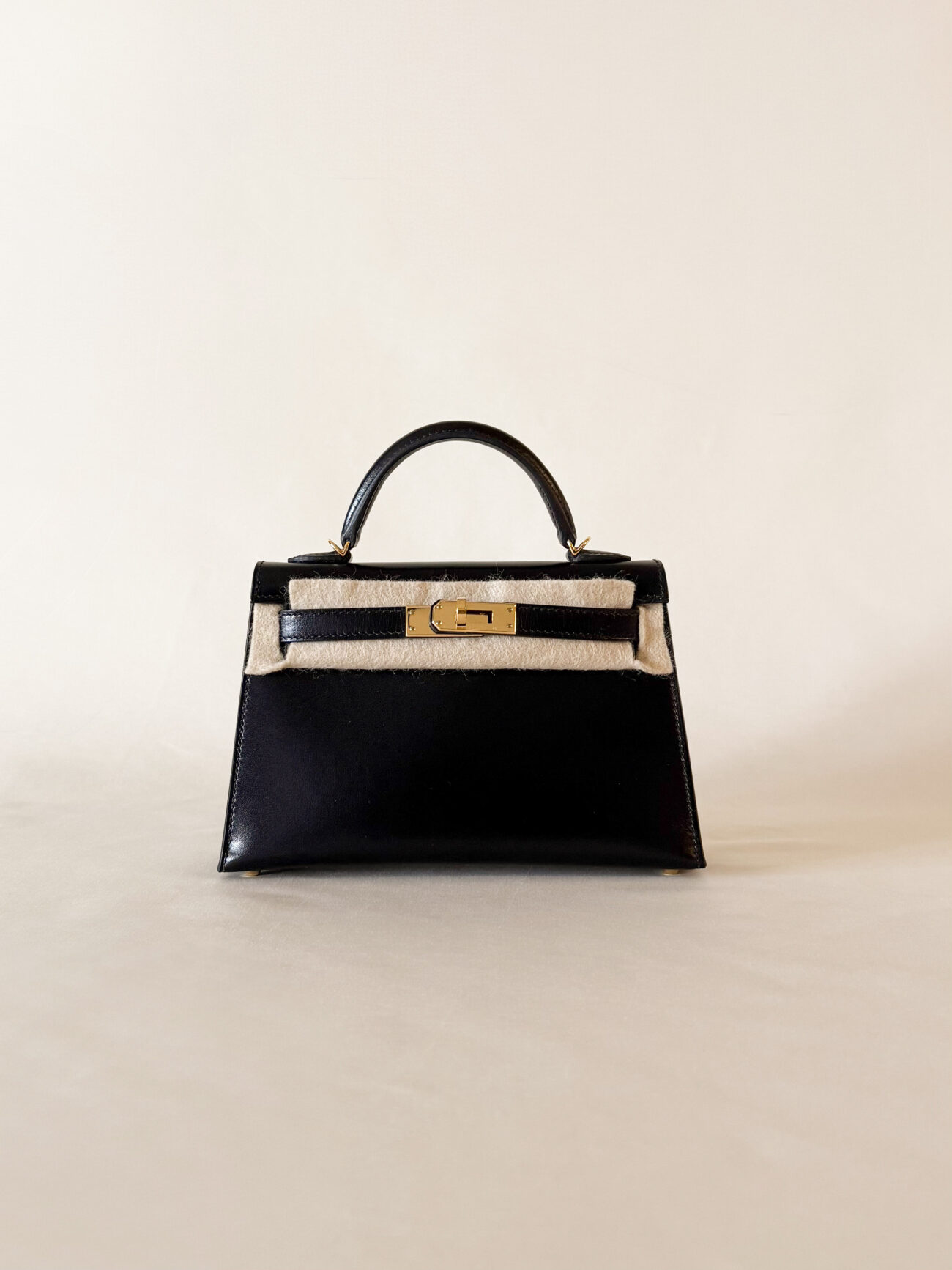 Hermès Mini Kelly box black leather with gold hardware front profile detail
