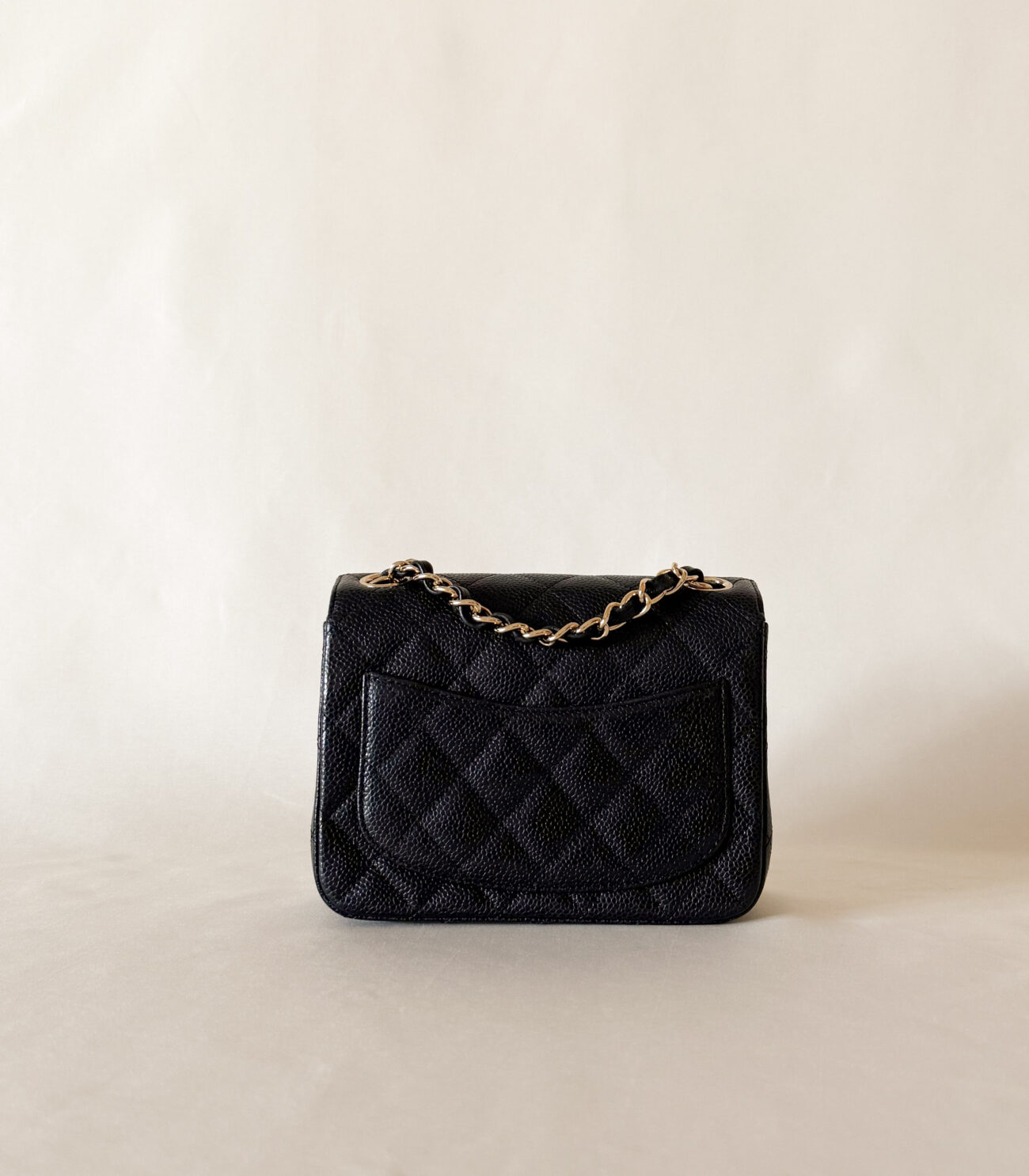 chanel classic flap mini square caviar black gold hardware back view