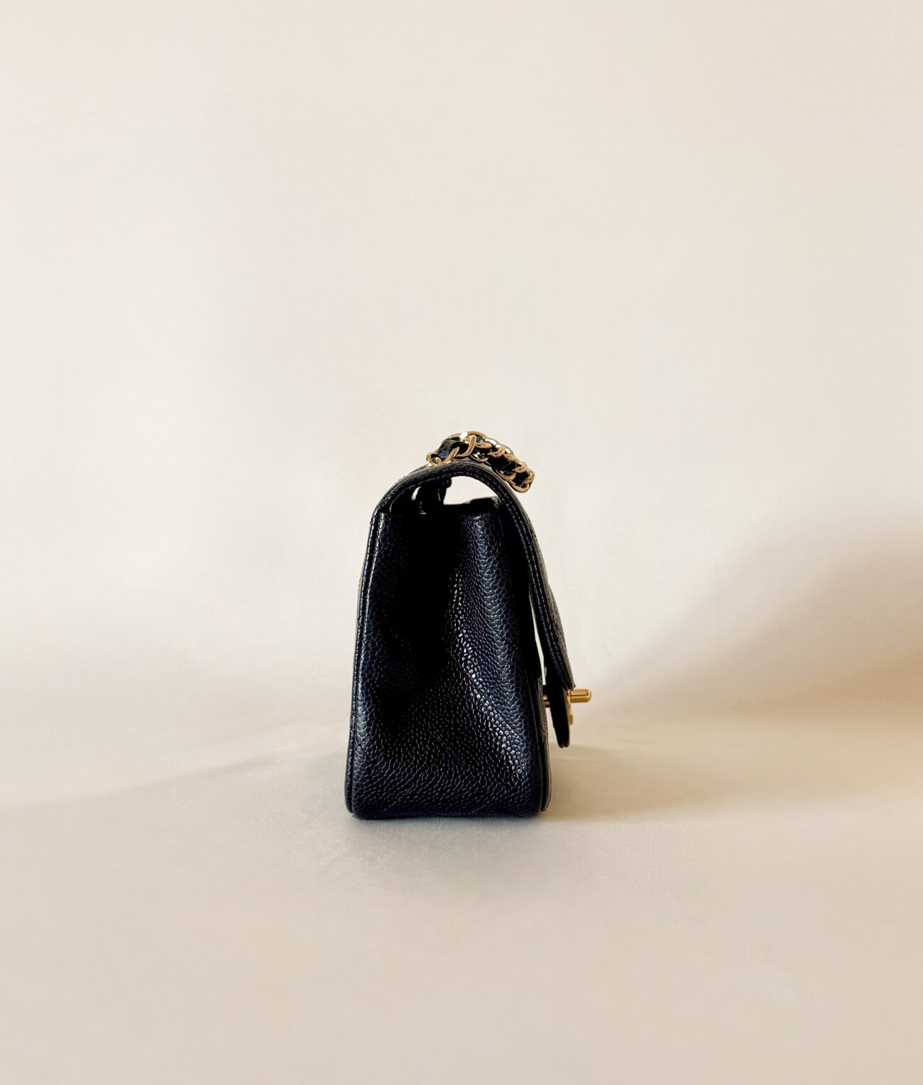 chanel classic flap mini square caviar black gold hardware side detail