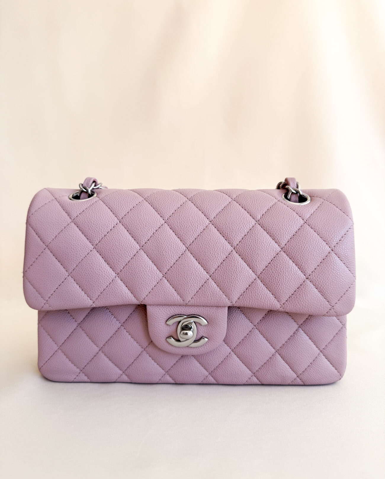 Chanel classic flap caviar rose leather palladium hardware front view