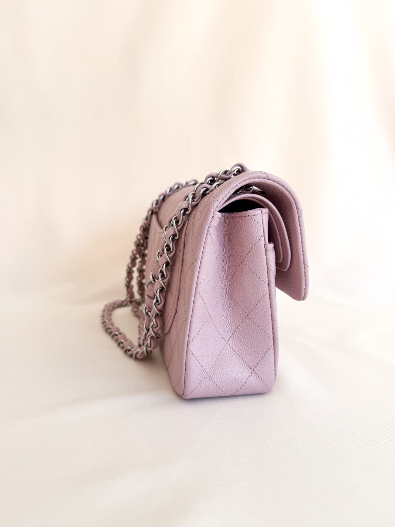 Chanel classic flap rose caviar leather palladium hardware side view