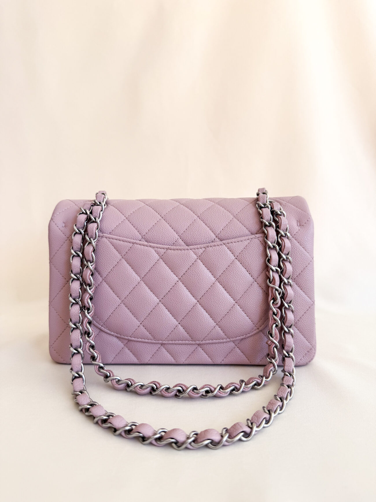 Chanel classic flap rose caviar leather palladium hardware back view