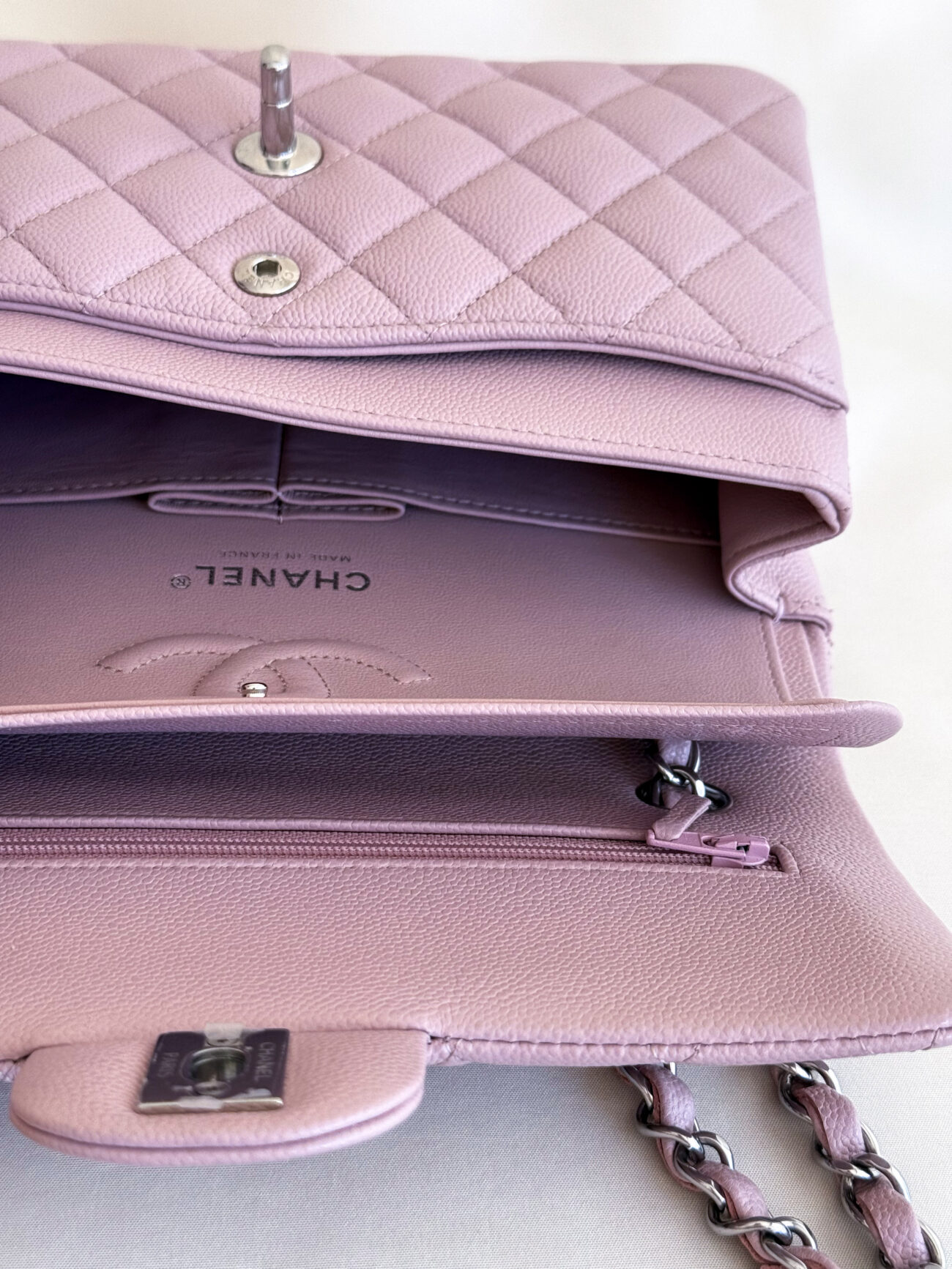 Chanel classic flap rose caviar leather palladium hardware interior compartments