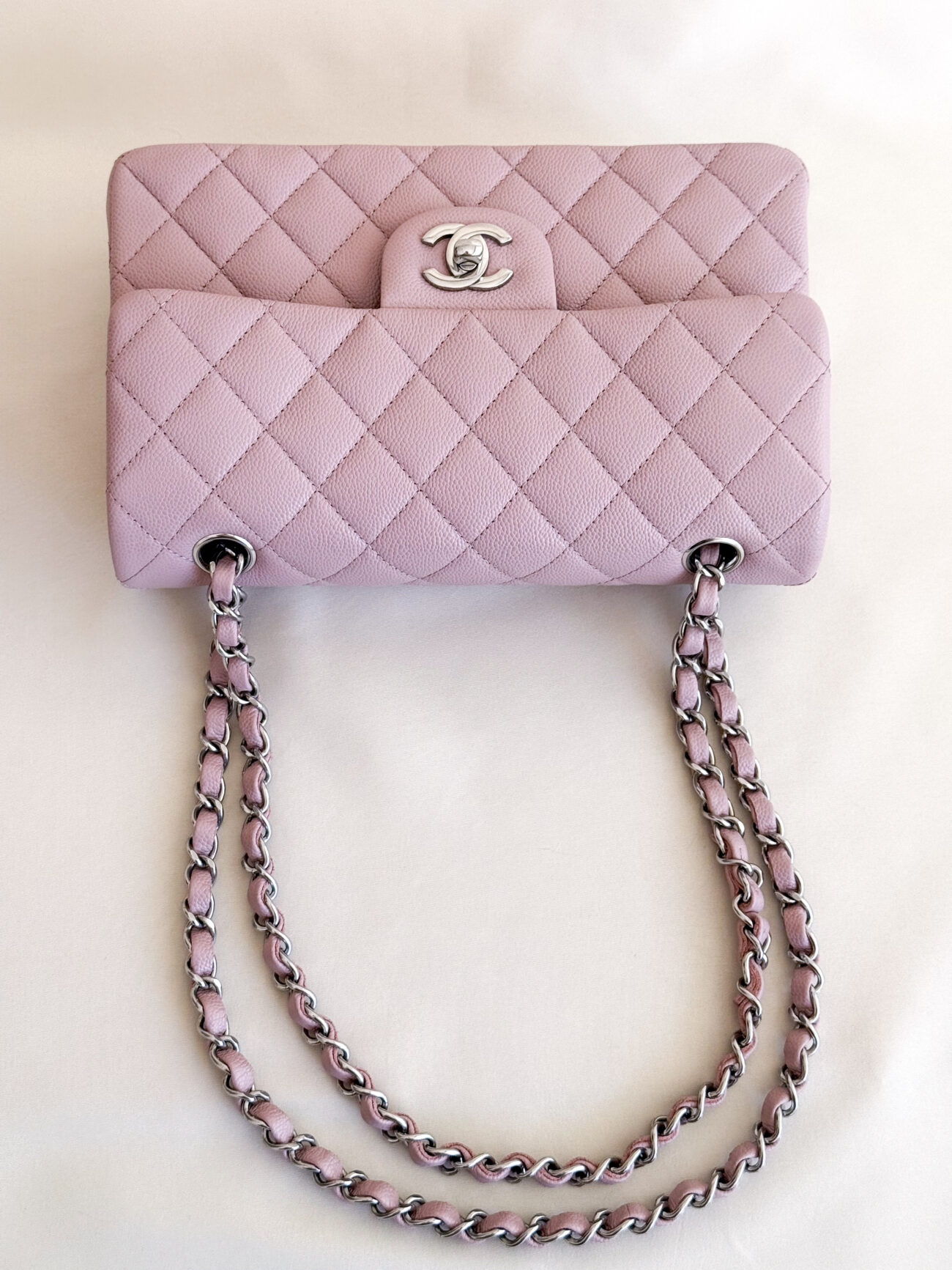 Chanel classic flap rose caviar leather palladium hardware top view
