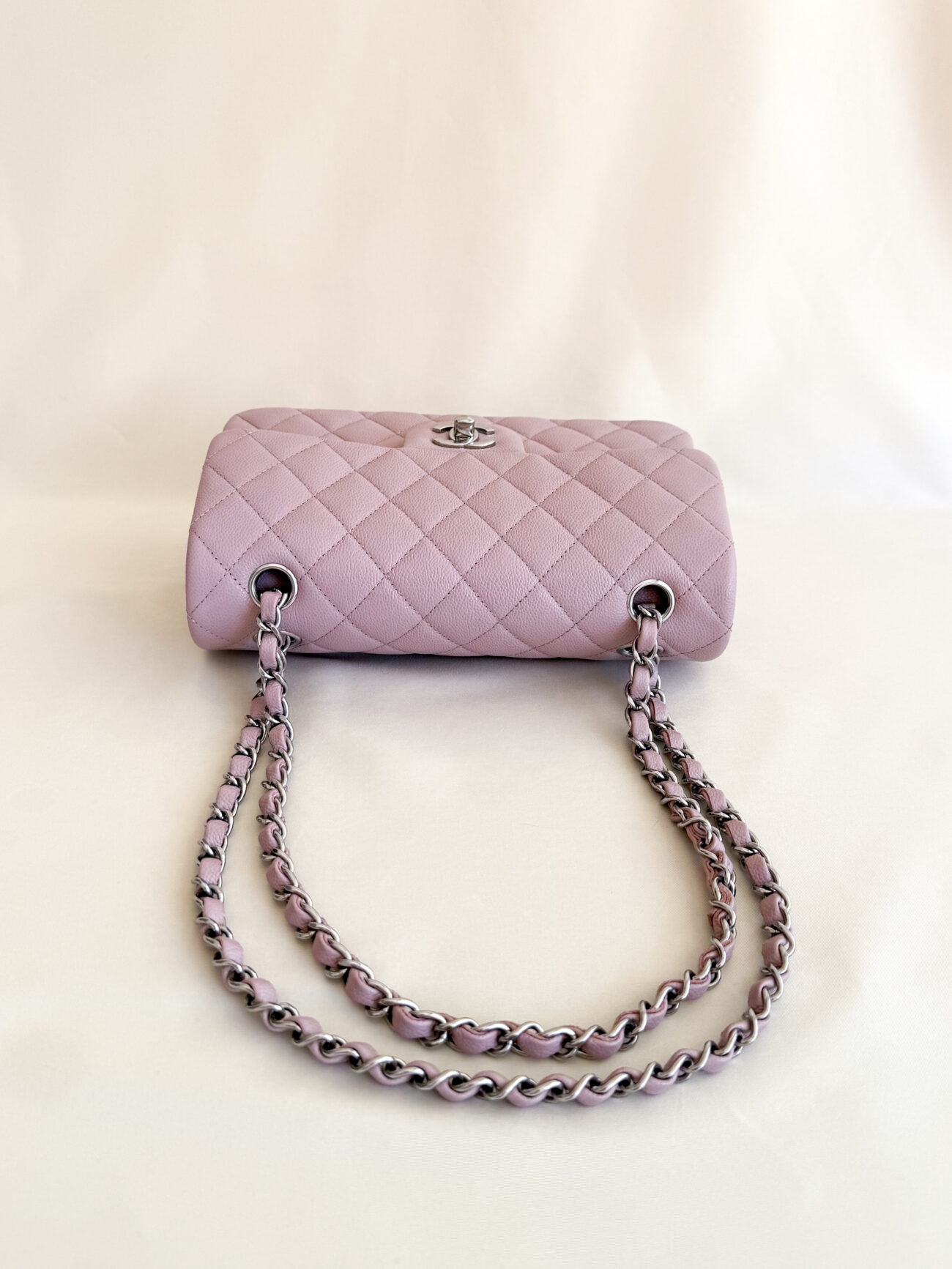 Chanel classic flap rose caviar leather palladium hardware top chain view