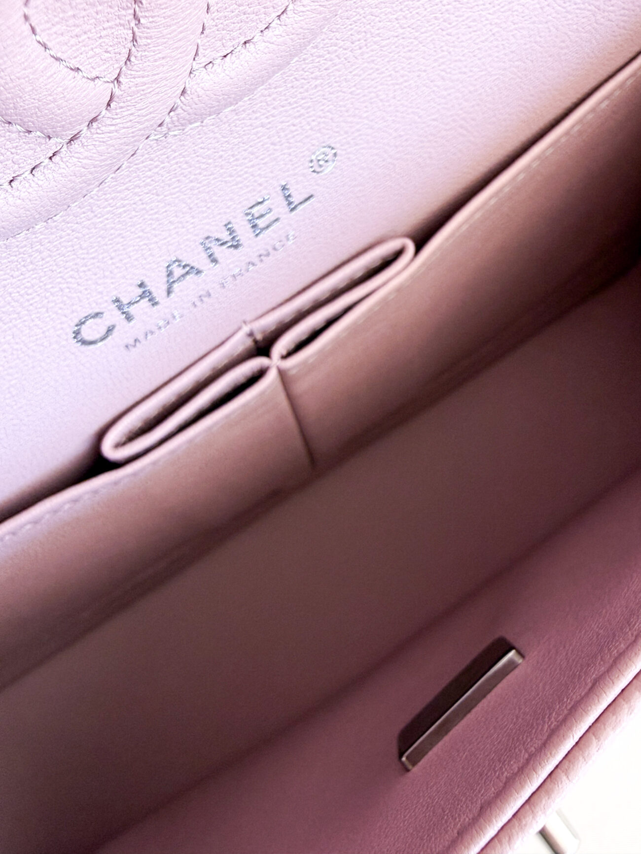 Chanel classic flap rose caviar leather palladium hardware interior logo stamp