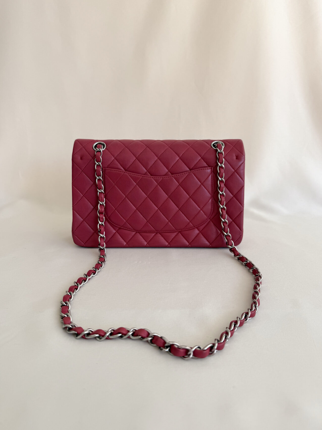 Chanel classic flap medium raspberry lambskin with palladium hardware back view