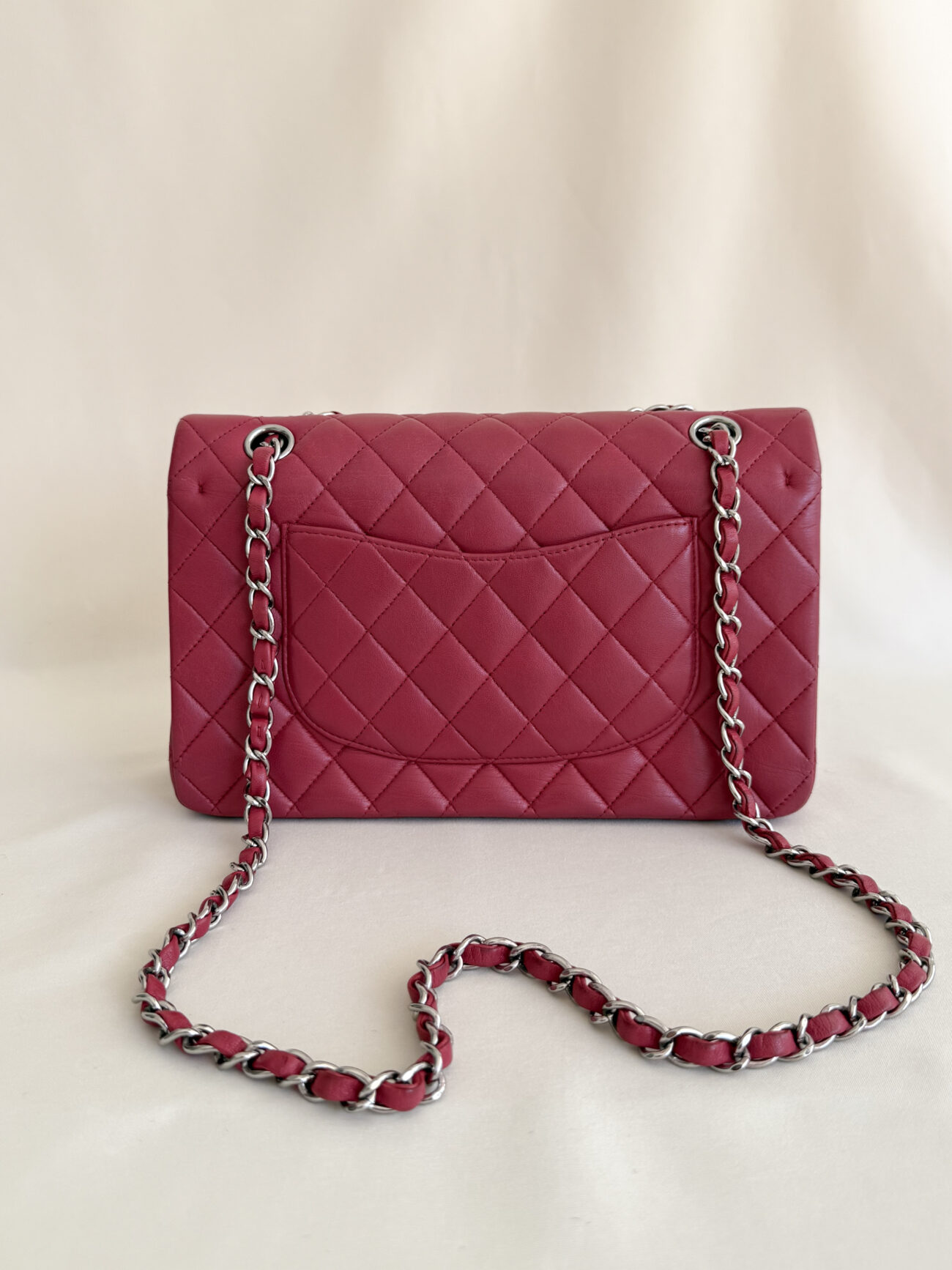Chanel classic flap medium raspberry lambskin with palladium hardware back chain view