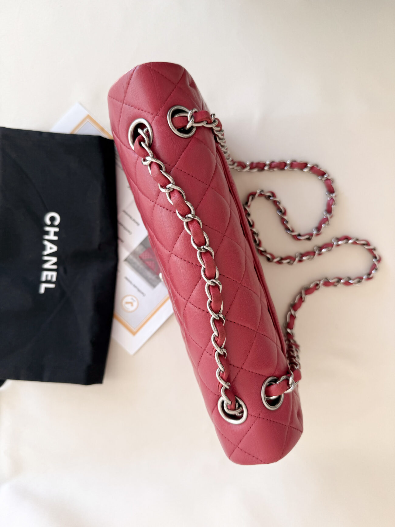 Chanel classic flap medium raspberry lambskin with palladium hardware top view