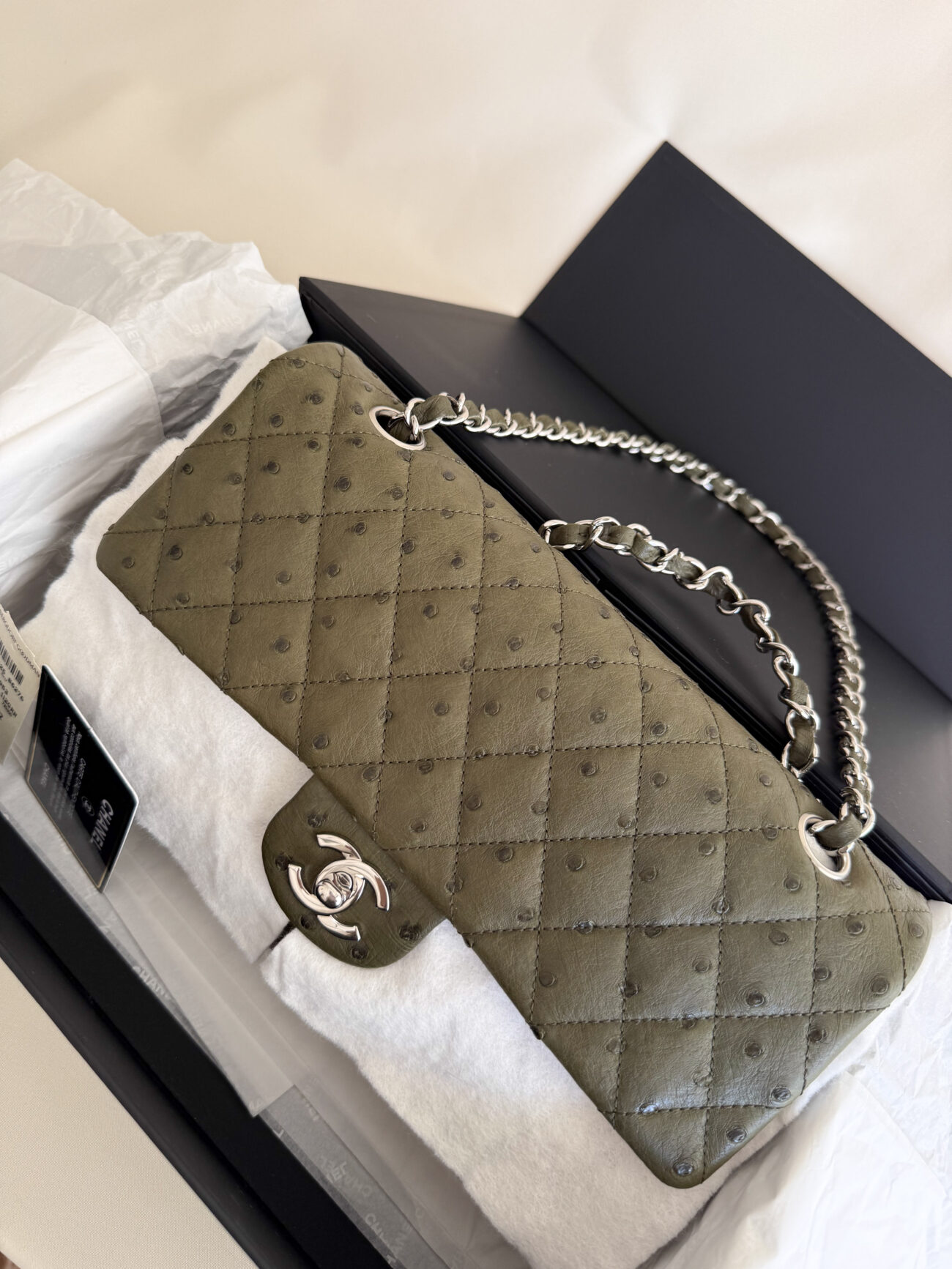 Chanel Classic Flap medium green ostrich leather palladium hardware id card box dustbag and protection flap piece