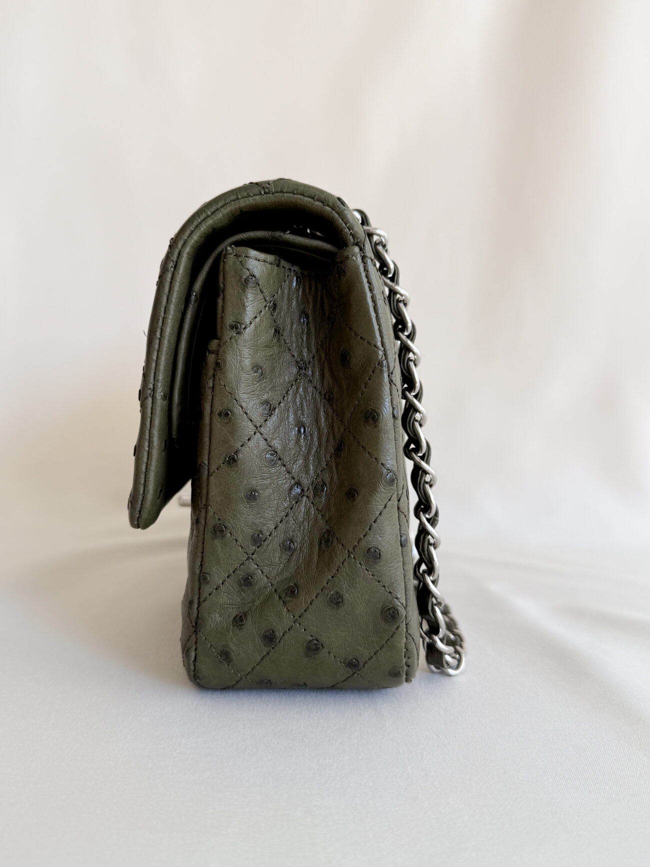 Chanel Classic Flap medium green ostrich leather palladium hardware side profile structure