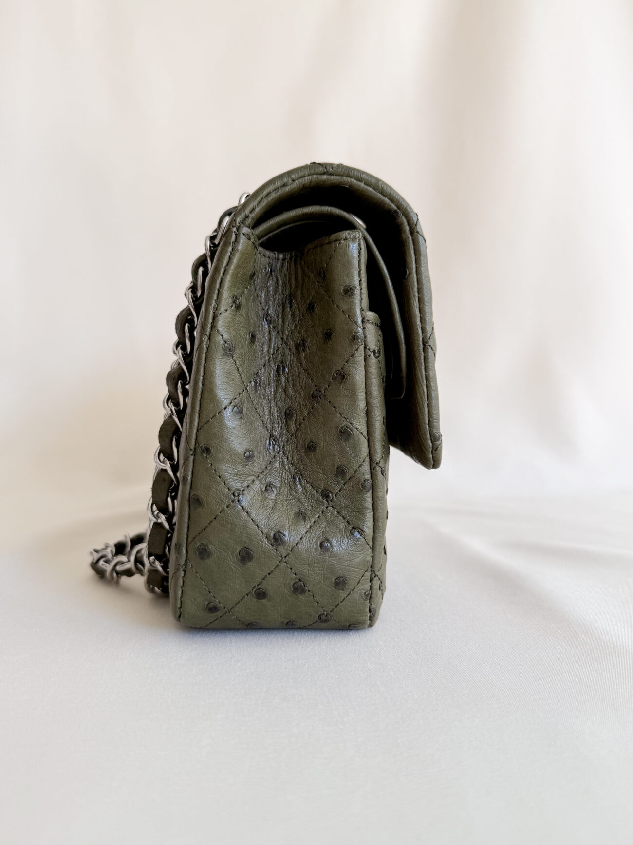 Chanel Classic Flap medium green ostrich leather palladium hardware side view