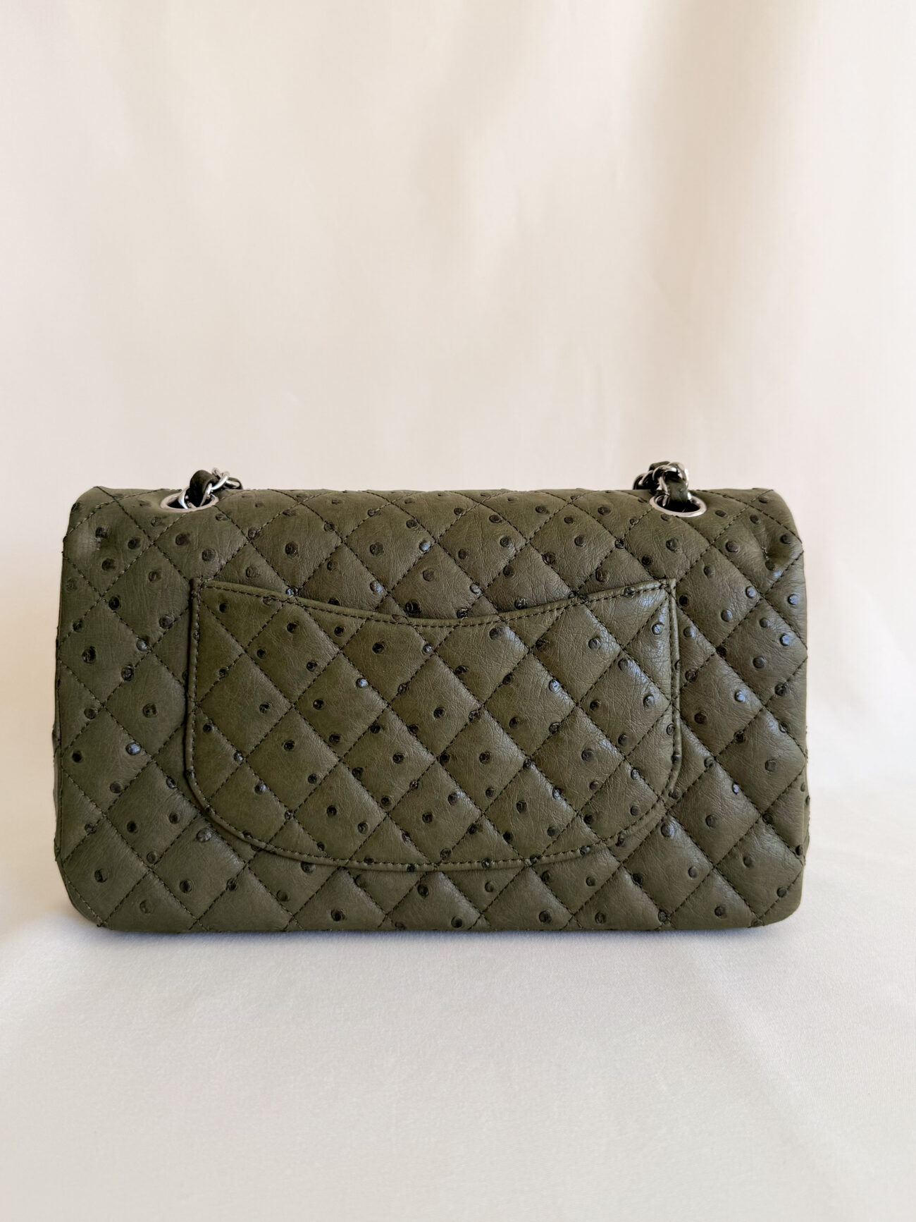 Chanel Classic Flap medium green ostrich leather palladium hardware back view