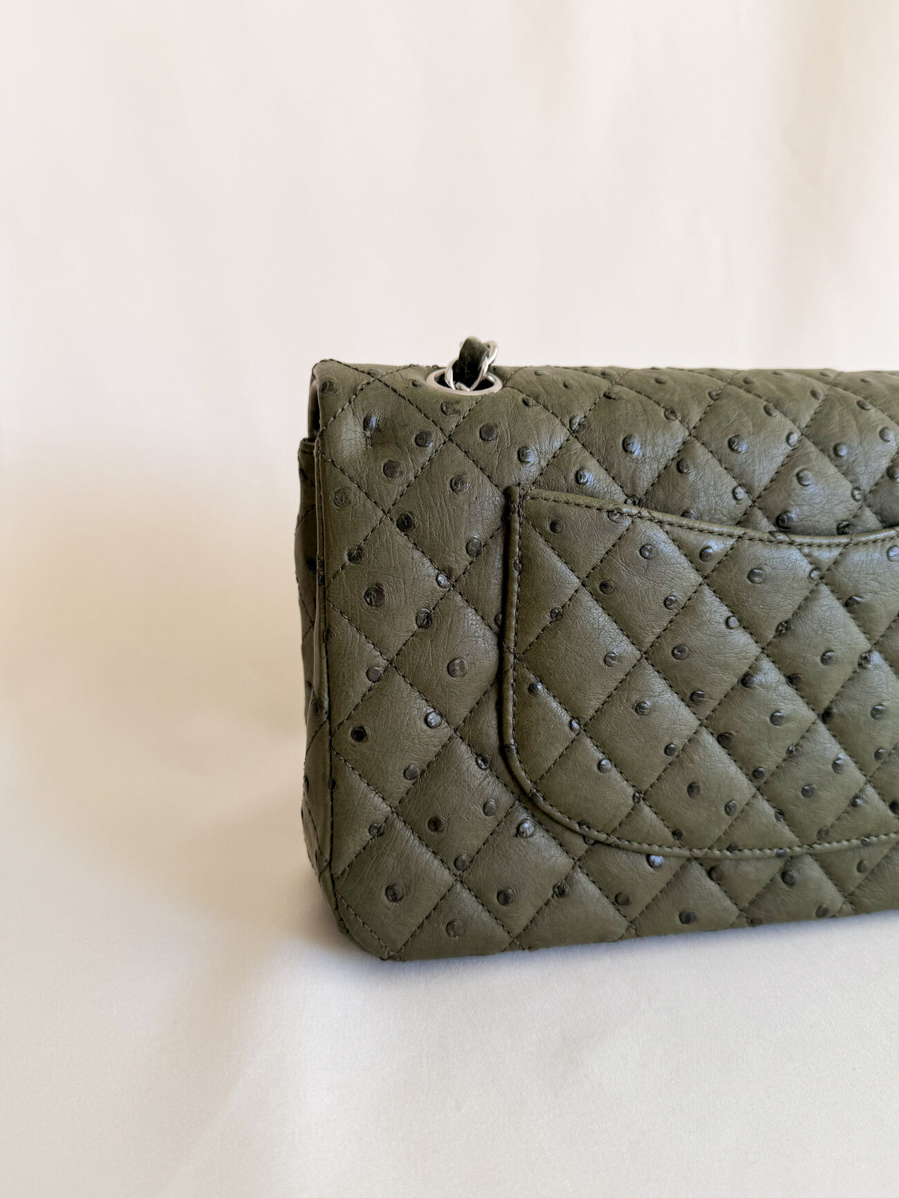 Chanel Classic Flap medium green ostrich leather palladium hardware back pocket view view