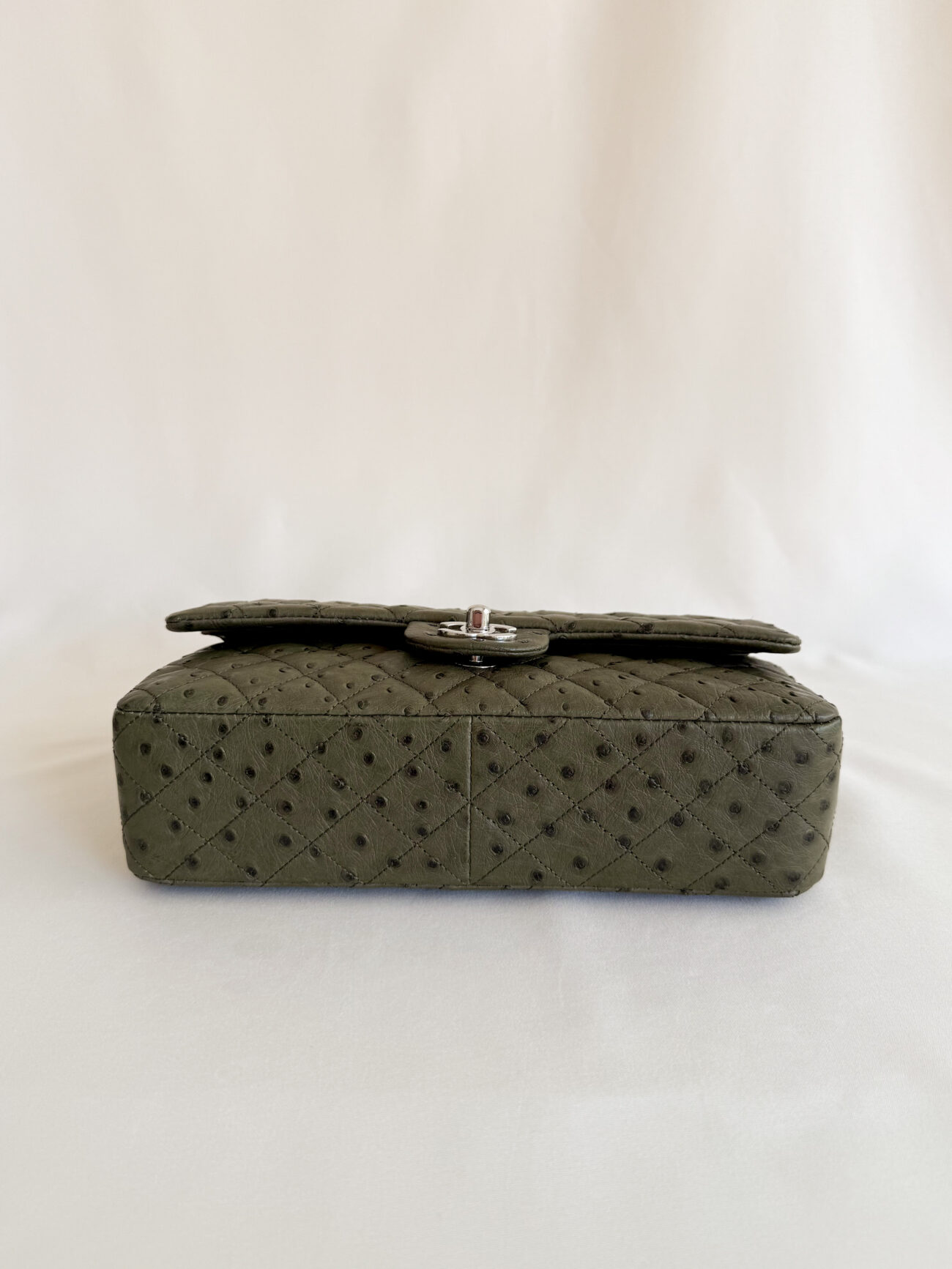 Chanel Classic Flap medium green ostrich leather palladium hardware bottom view