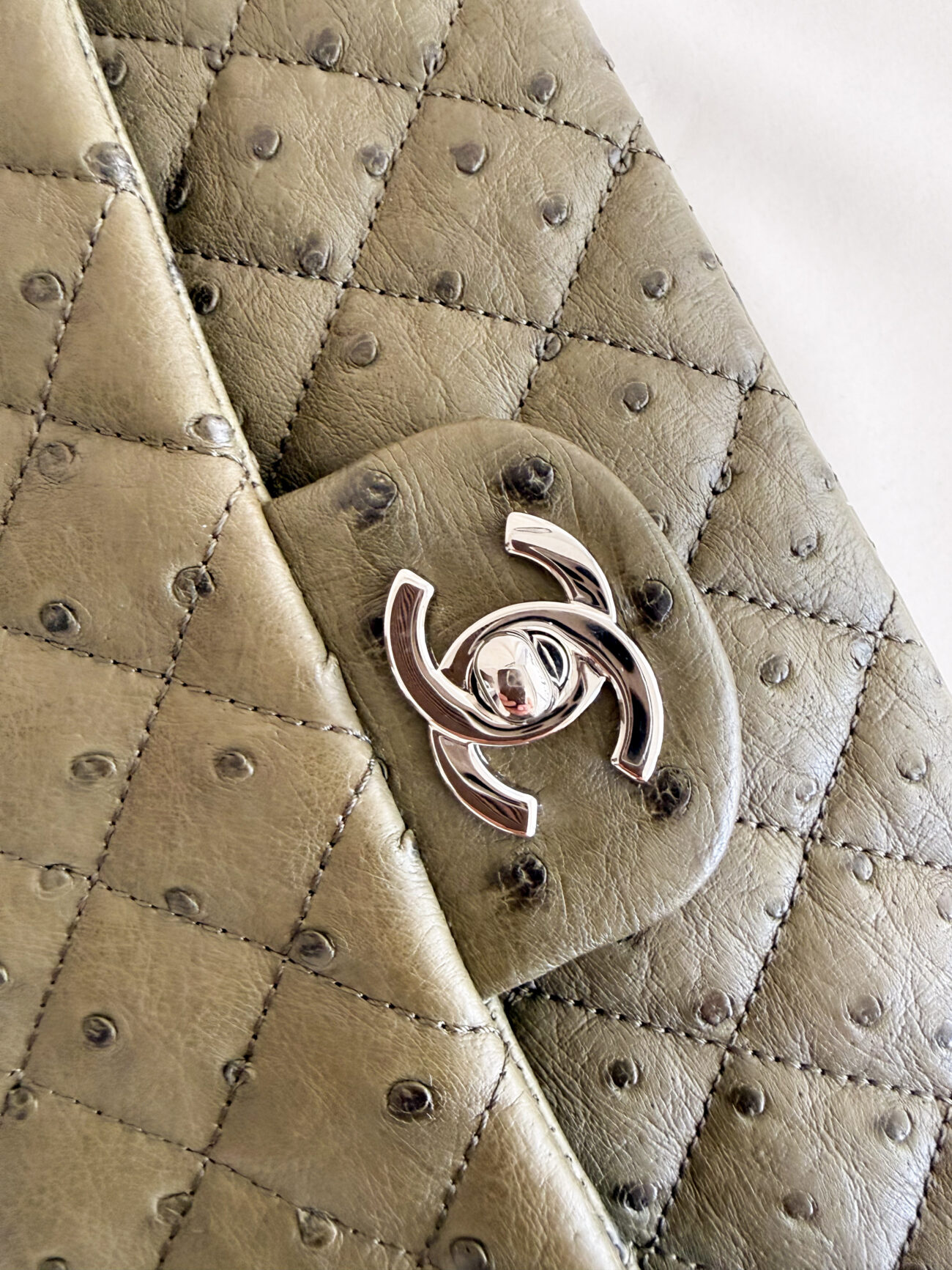 Chanel Classic Flap medium green ostrich leather texture detail
