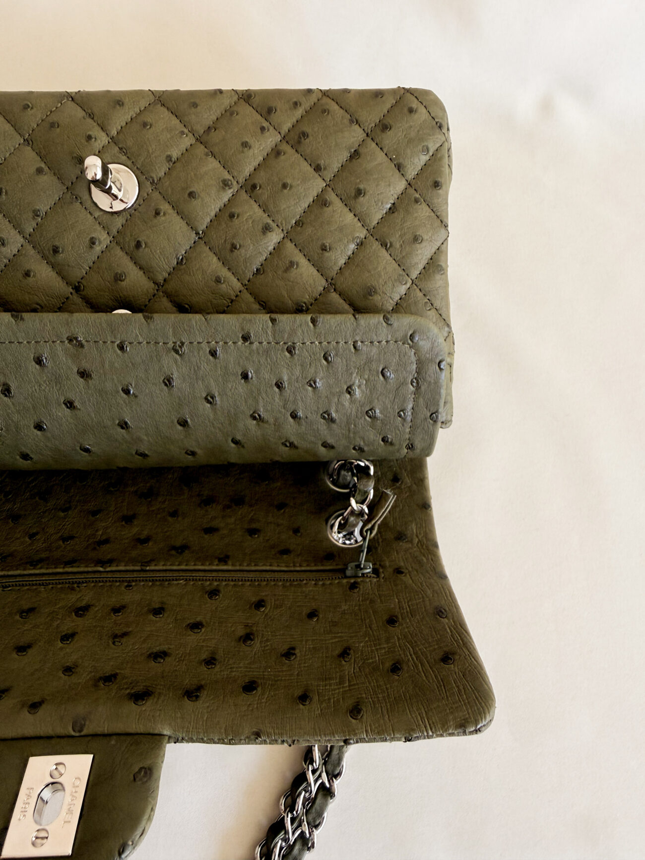 Chanel Classic Flap medium green ostrich leather interior double flap ostrich leather