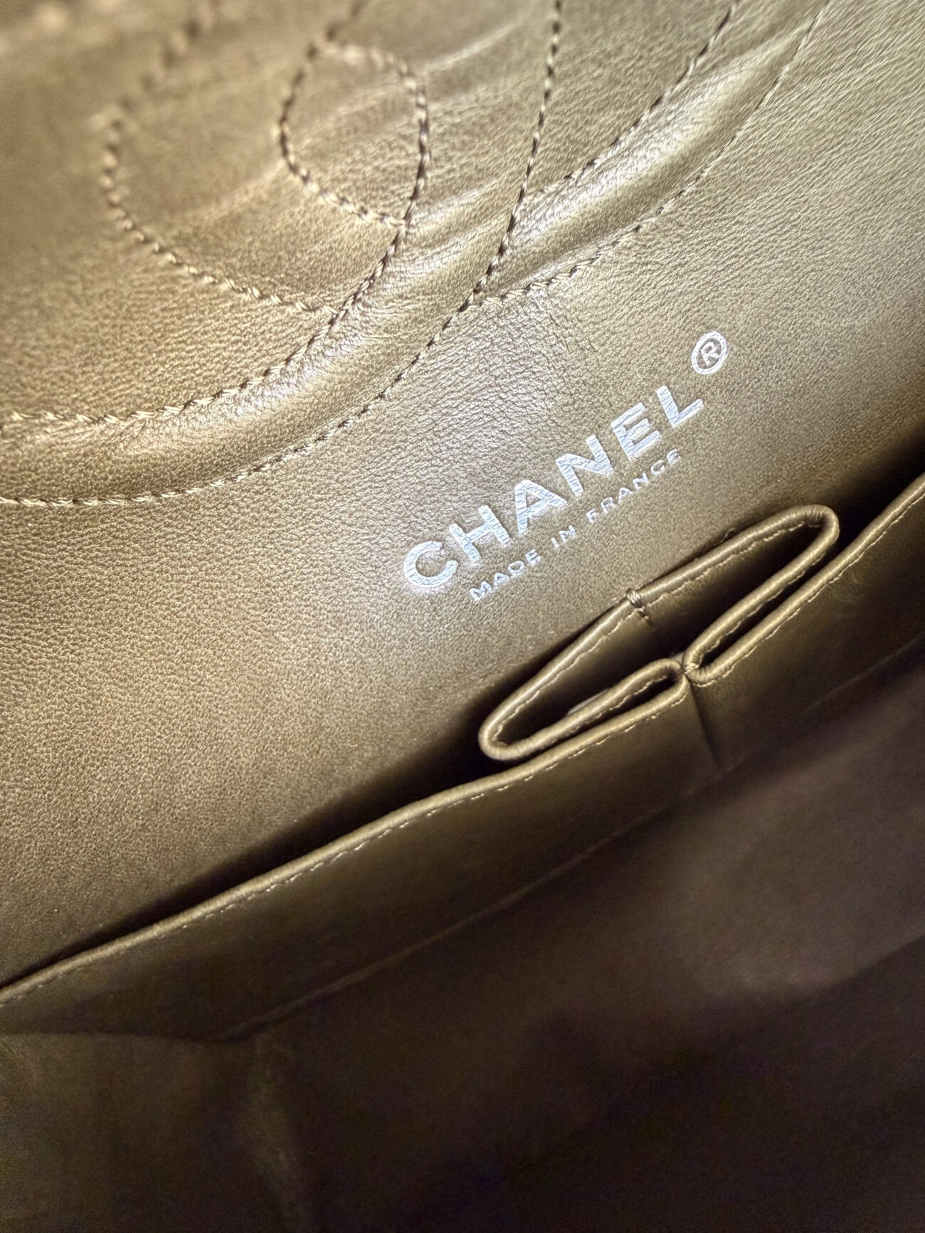Chanel Classic Flap medium green ostrich leather palladium hardware interior stamp view view