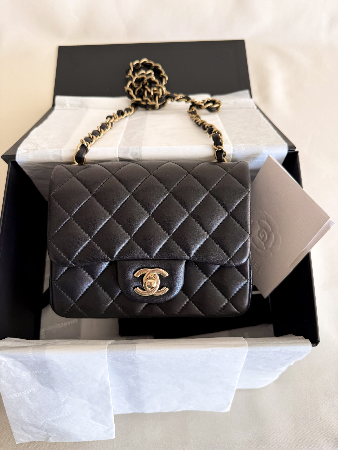 Chanel classic flap mini square black champagne hardware packaging view