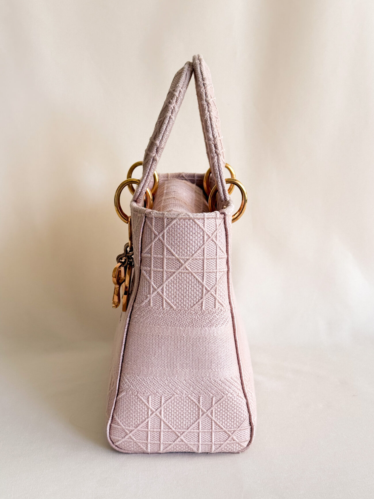 Lady Dior D-Light Small Pink embroided canvas bag rose gold hardware side profile detail