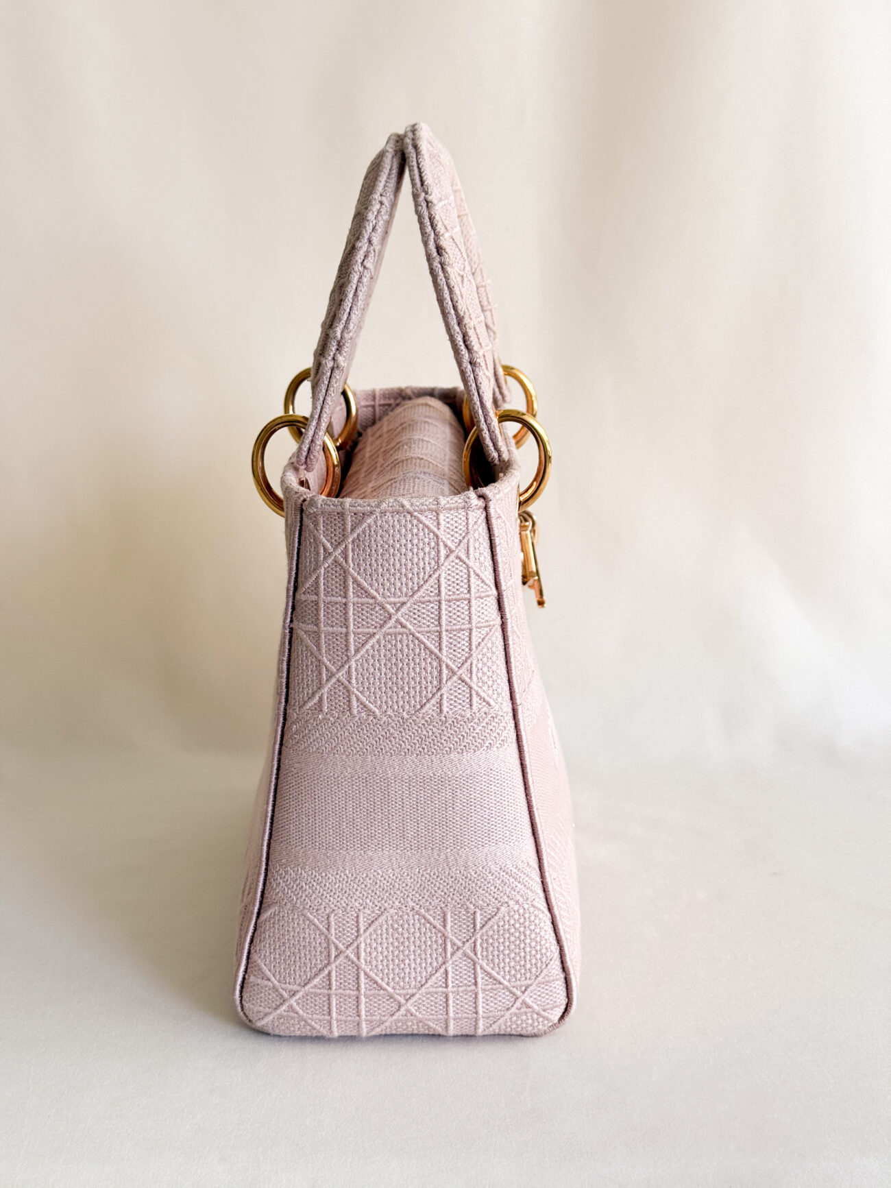 Lady Dior D-Light Small Pink embroided canvas bag rose gold hardware side view