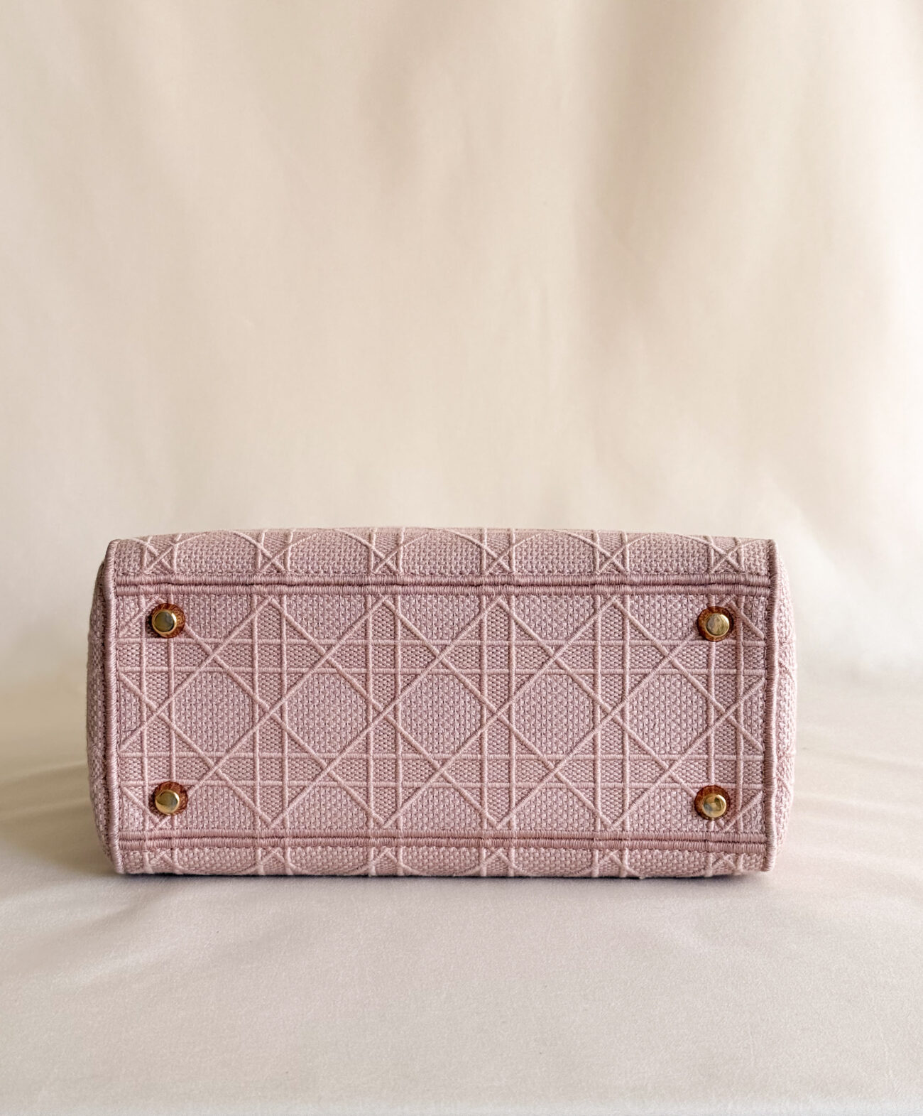 Lady Dior D-Light Small Pink embroided canvas bag rose gold hardware bottom view