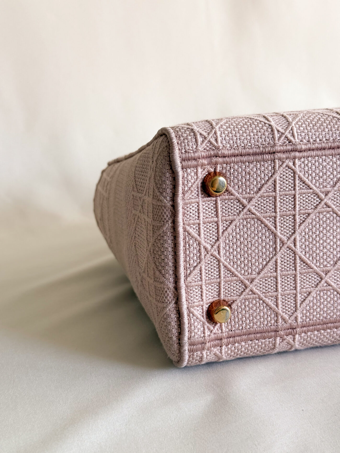 Lady Dior D-Light Small Pink embroided canvas bag rose gold hardware angled view