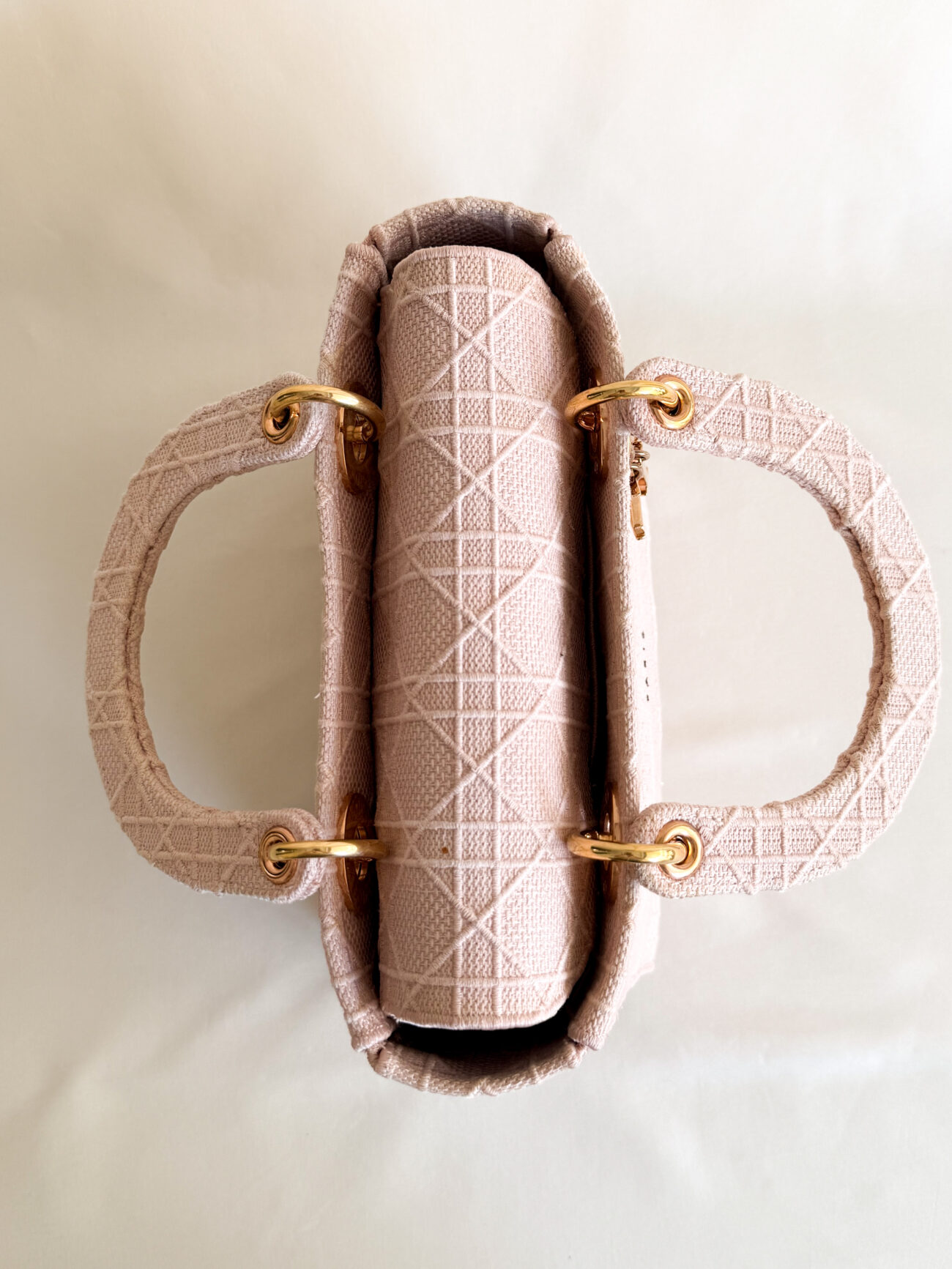 Lady Dior D-Light Small Pink embroided canvas bag rose gold hardware top handle view