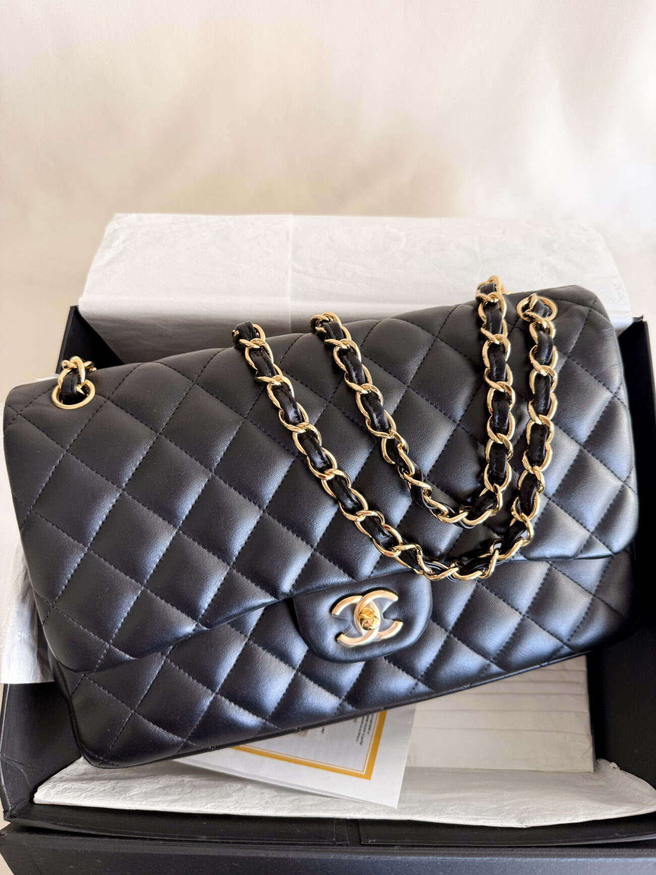 Chanel classic flap jumbo lambskin gold hardware box dustbag entrupy detail