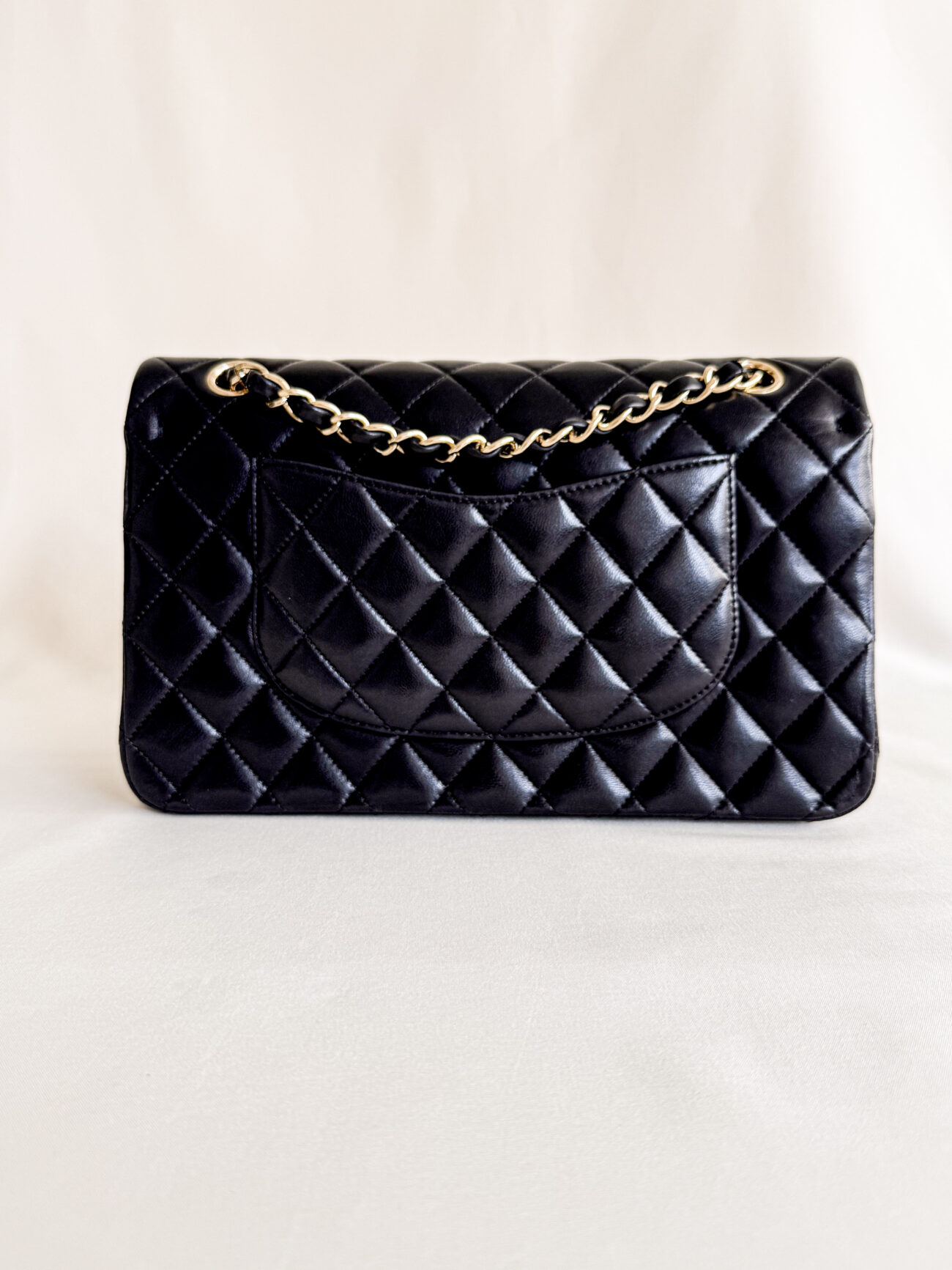 chanel classic flap medium lambskin black leather gold hardware back view