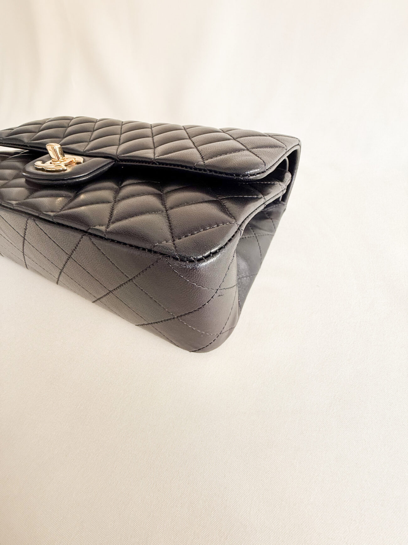 chanel classic flap medium lambskin black leather gold hardware another corner view