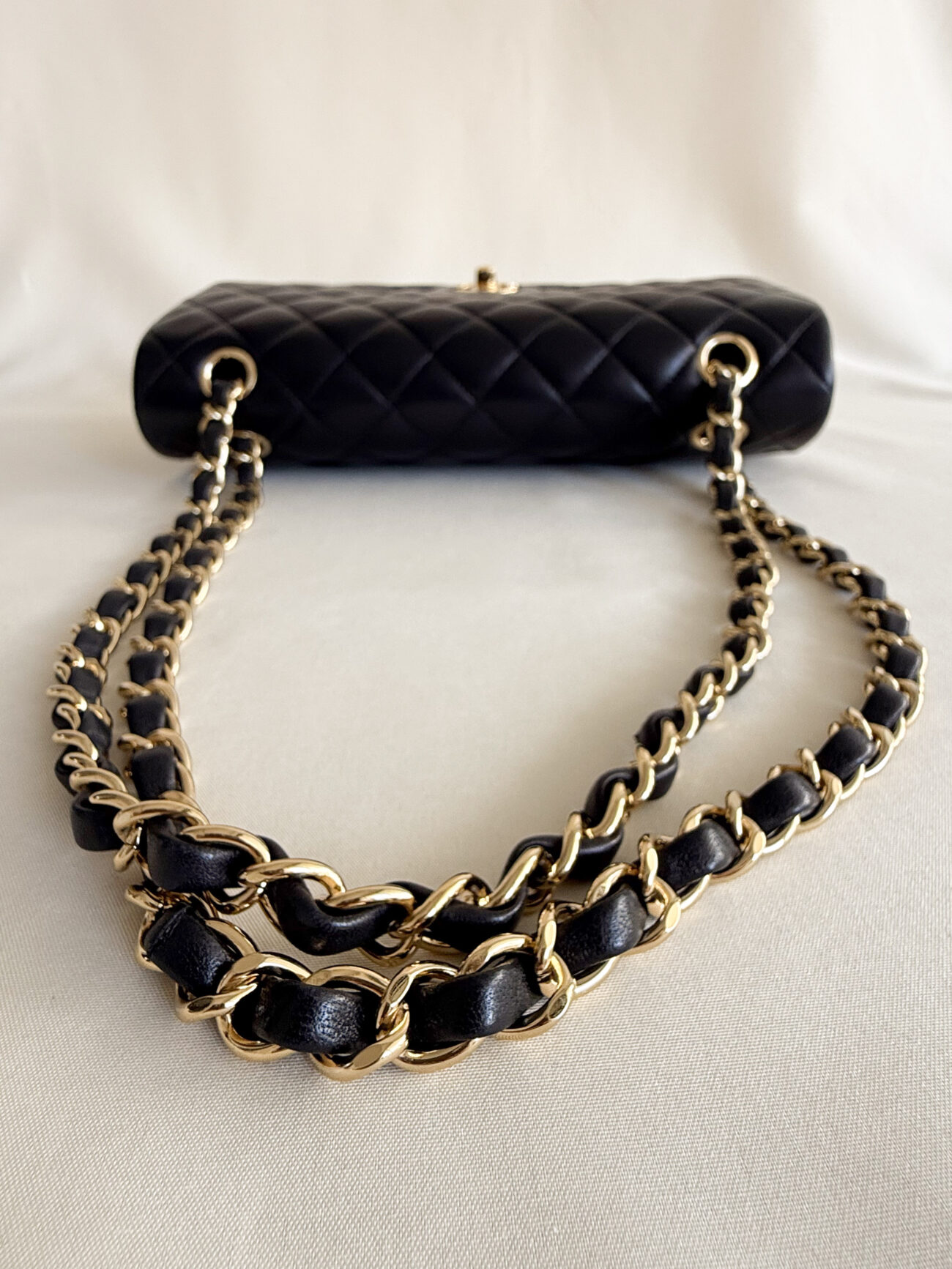 chanel classic flap medium lambskin black leather gold hardware strap view