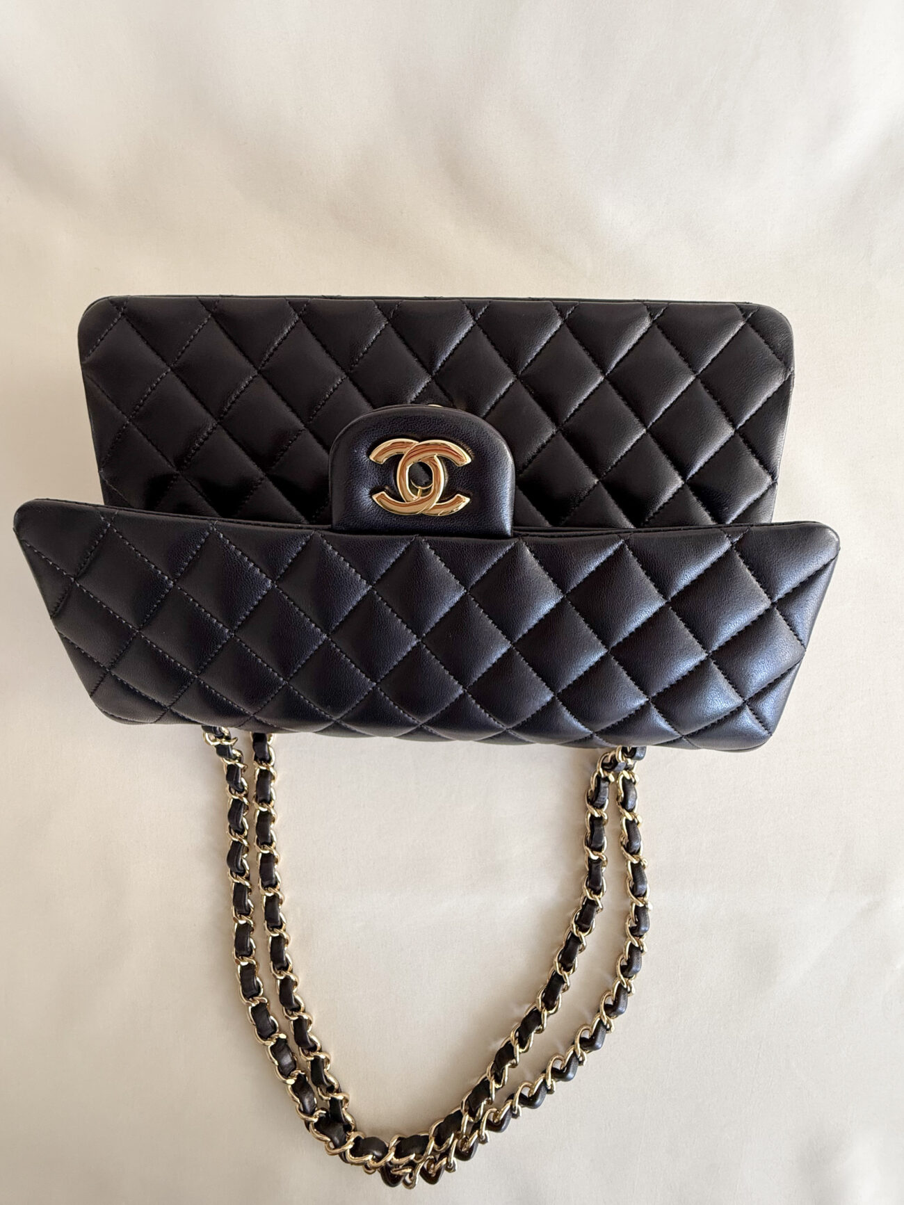 chanel classic flap medium lambskin black leather top view