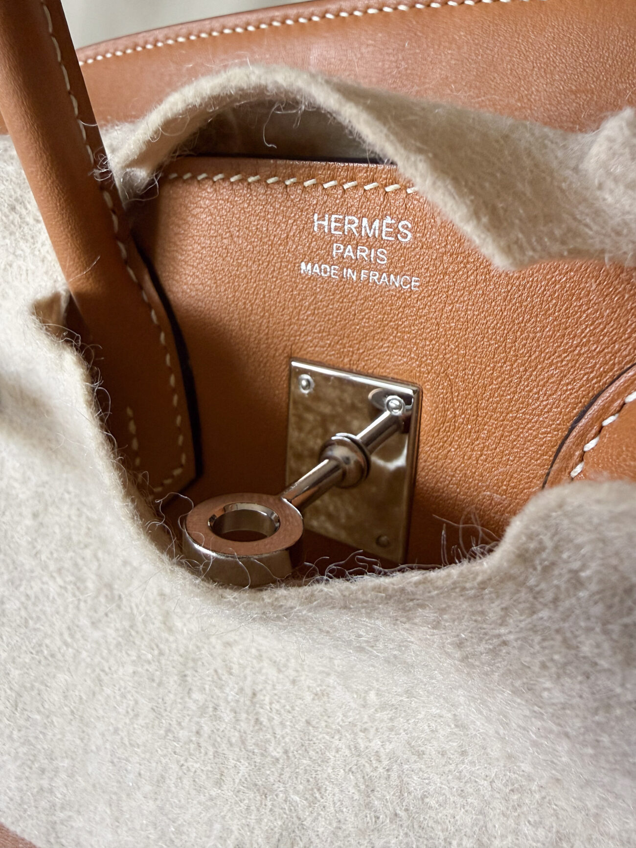 Hermes Birkin 25 in Toffee Swift leather palladium hardware stamp detail