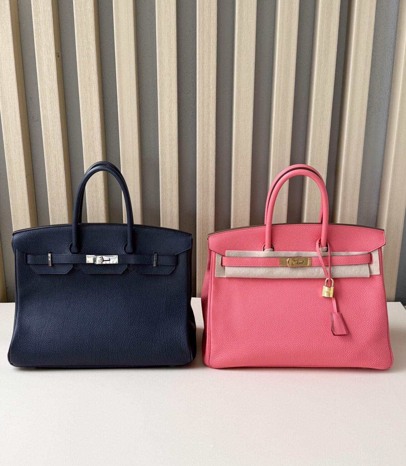 Real Hermès Birkin 35 Rose Azalée compared with fake Bleu Navy Birkin 35 in Togo leather
