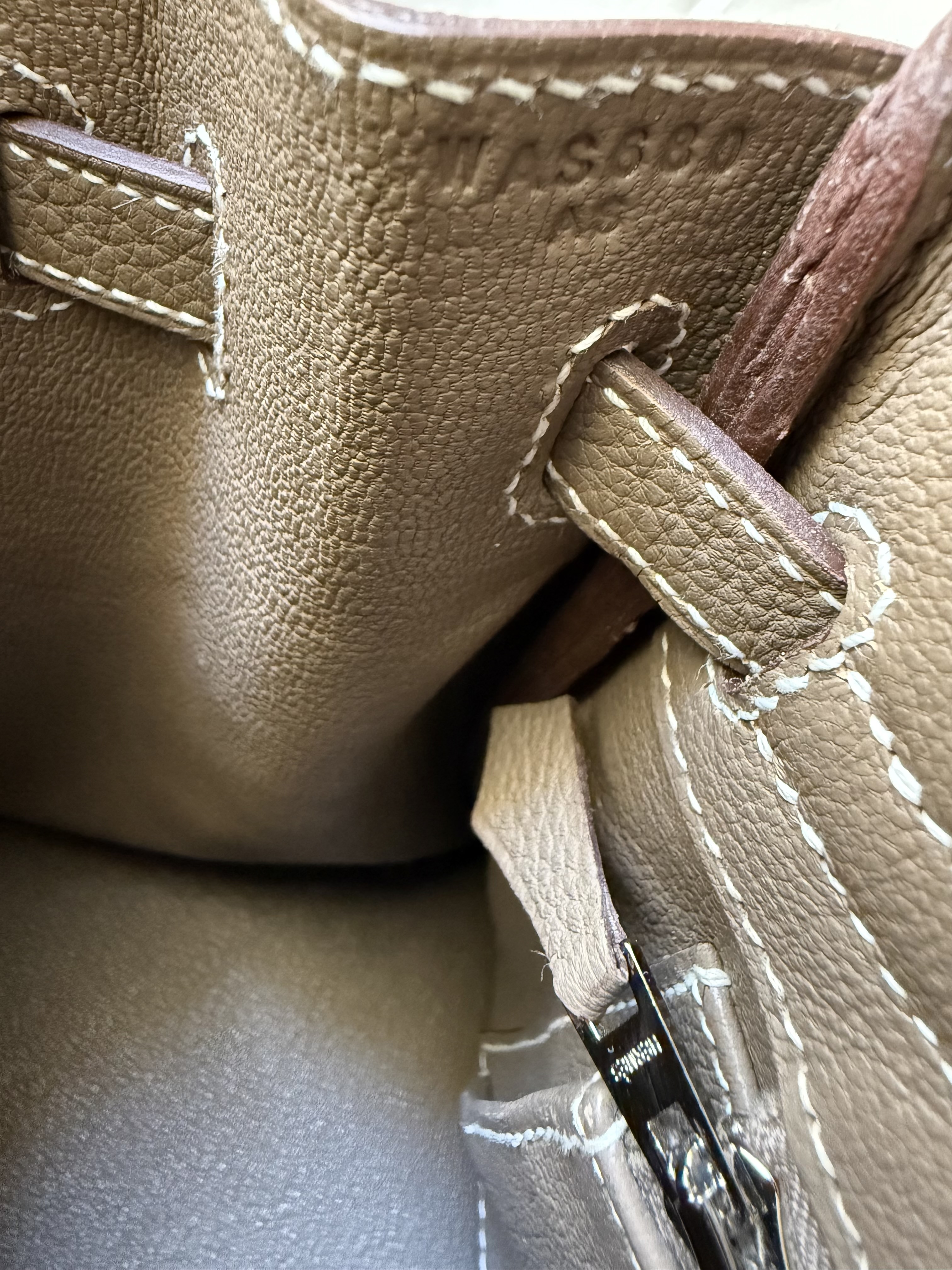 Hermès Birkin blind stamp placement after 2014 near the sangles and strap tip on Togo leather
