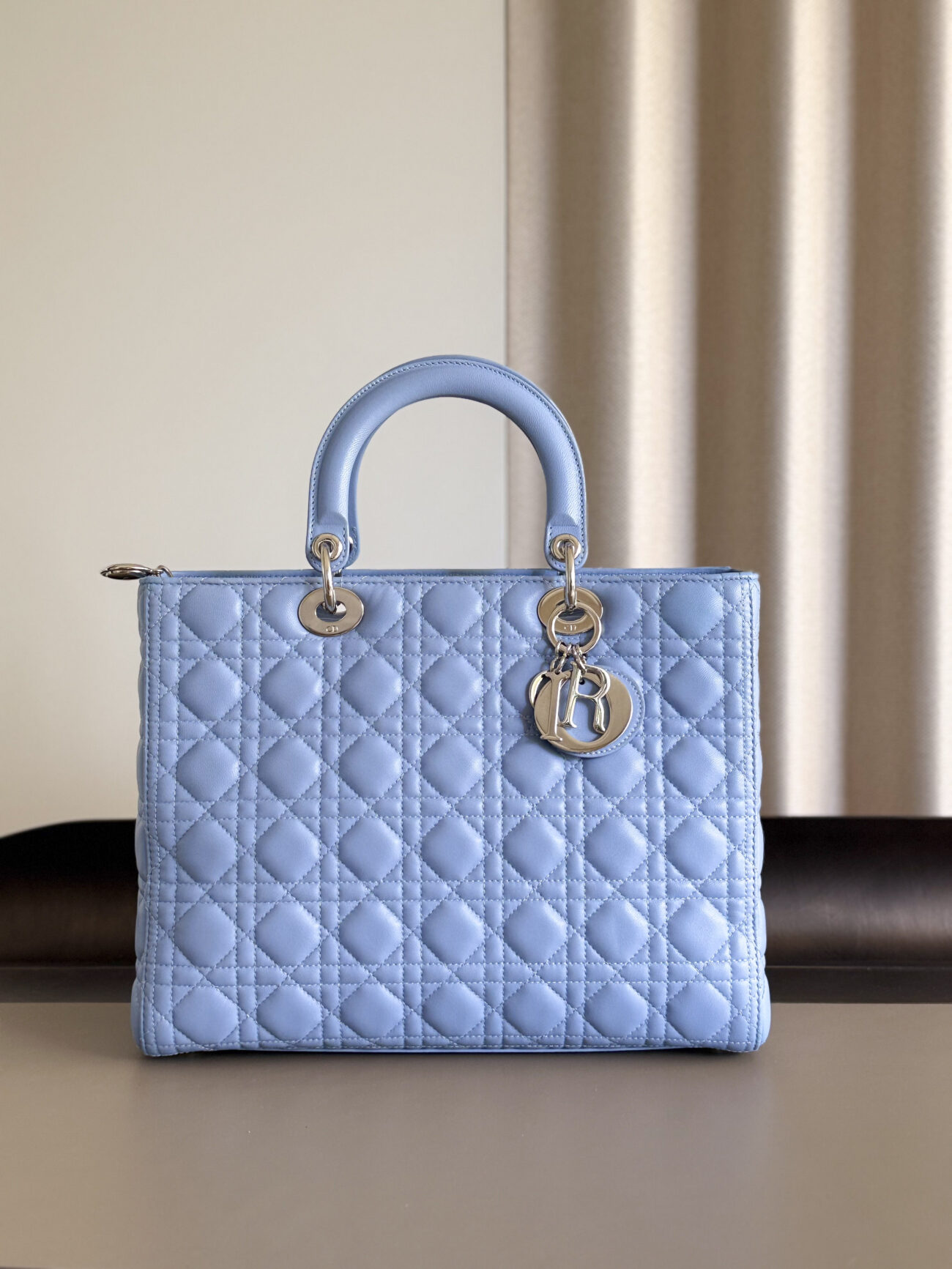 Lady Dior Large in Soft Blue Quilted Leather with palladium hardware full view