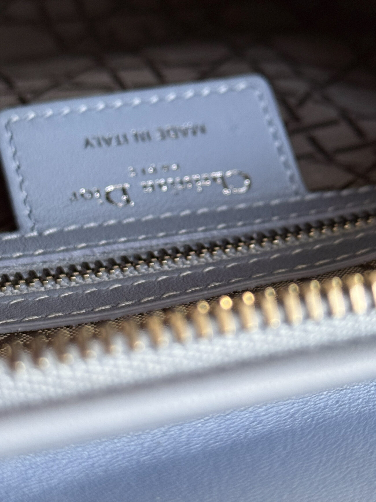 Lady Dior Soft Blue internal leather stamp and zipper detail